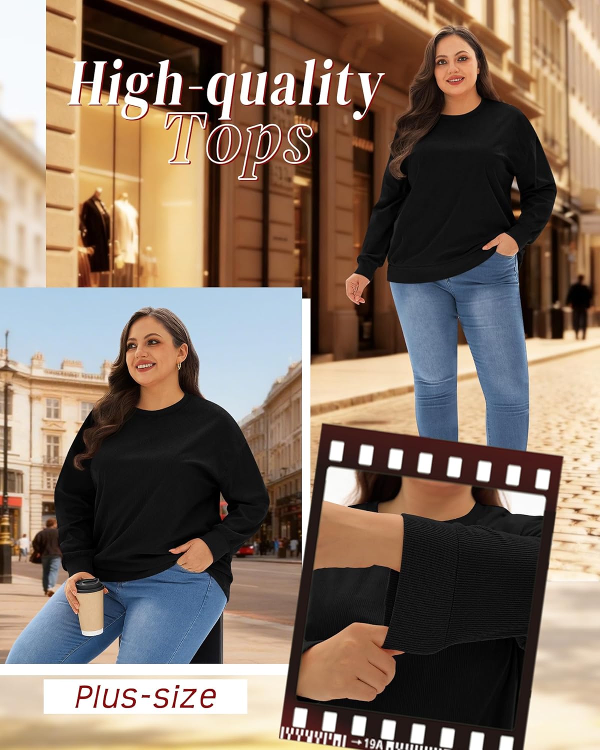 Women's Plus Size Sweatshirts Oversized Corduroy Long Sleeve Crew Neck Pullover Sweat Shirts Casual Loose Fit Tops(Black,XX-Large) - Image 6