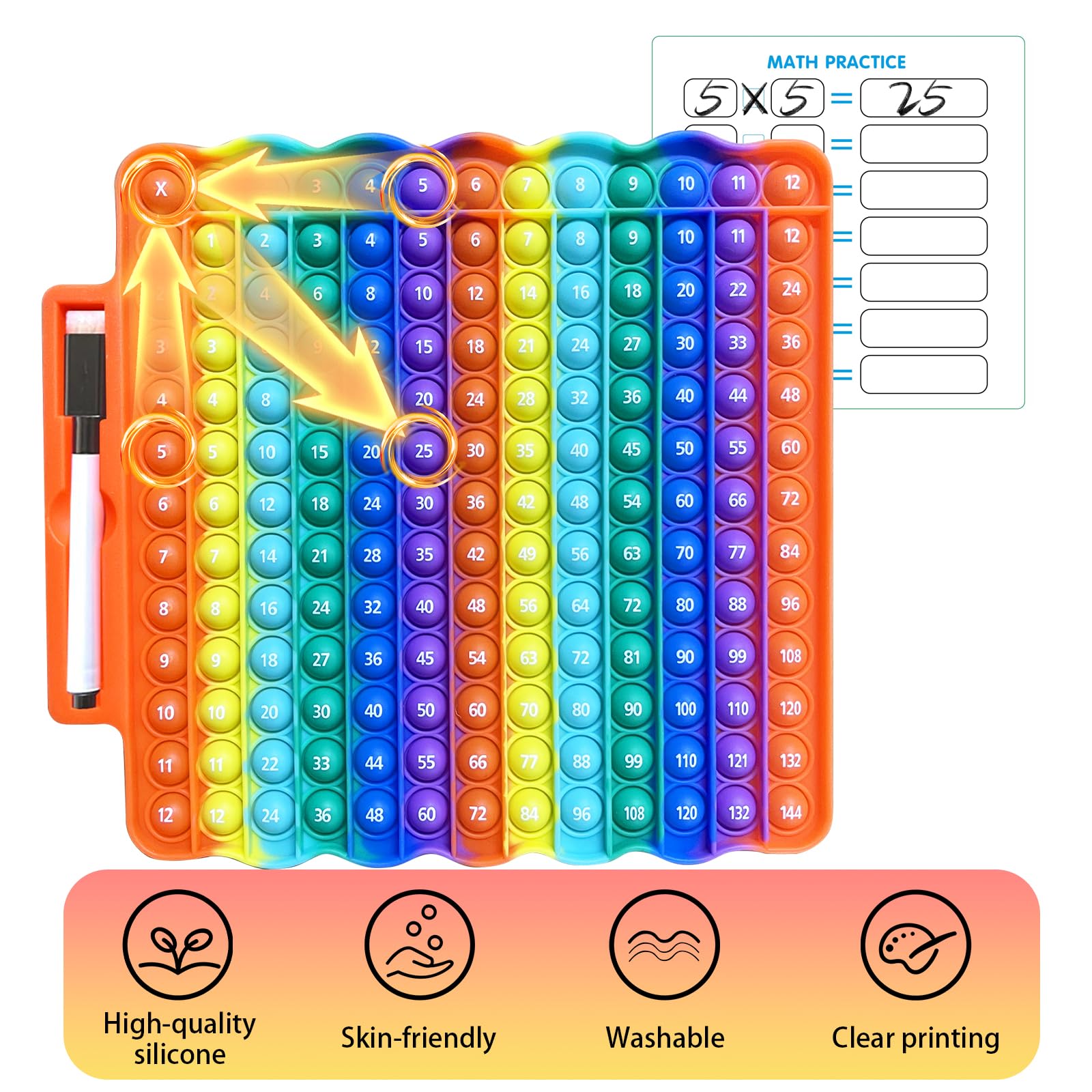 Times Table Poppet 12x12 Math Fidget Toy Double Side Multiplication Popper Addition Poppet Fidget Toy Relieve Stress and Anxiety 12x12&12+12 (Wave Shaped Design 1-144) - Image 2