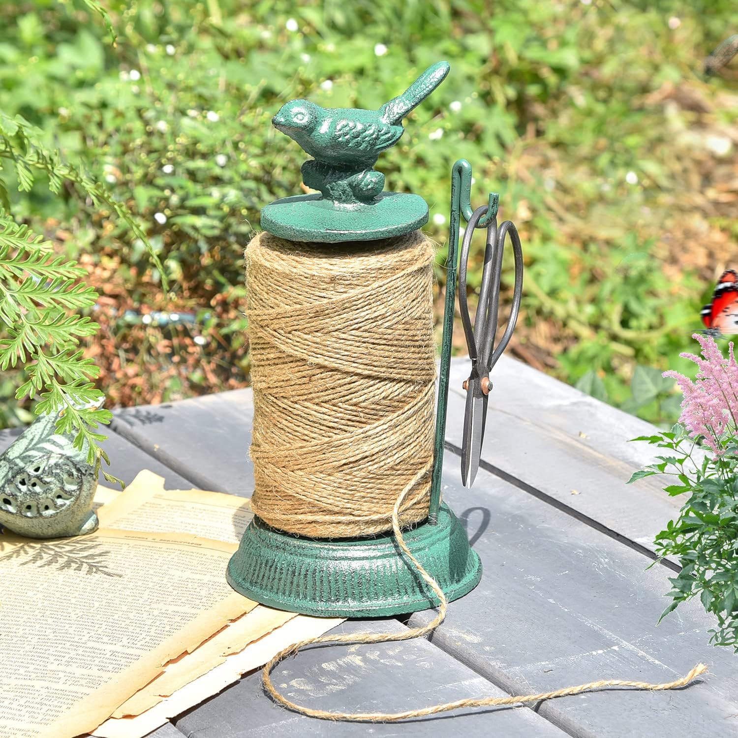Condition photo showing New/Like New for sungmor cast iron garden twine holder set - 1300ft. natural jute twine string & rope rack & scissors - decorative & practical home arts crafts tools for picture display gift wrapping packing gardening green bird rack set
