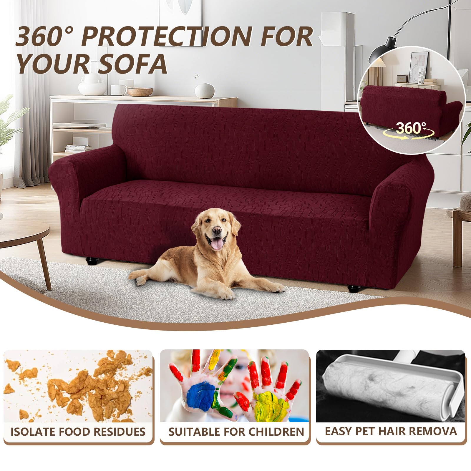 Ystyle Stretch Sofa Überzug mit Armlehne 3 Sitzer, Burgunderrot