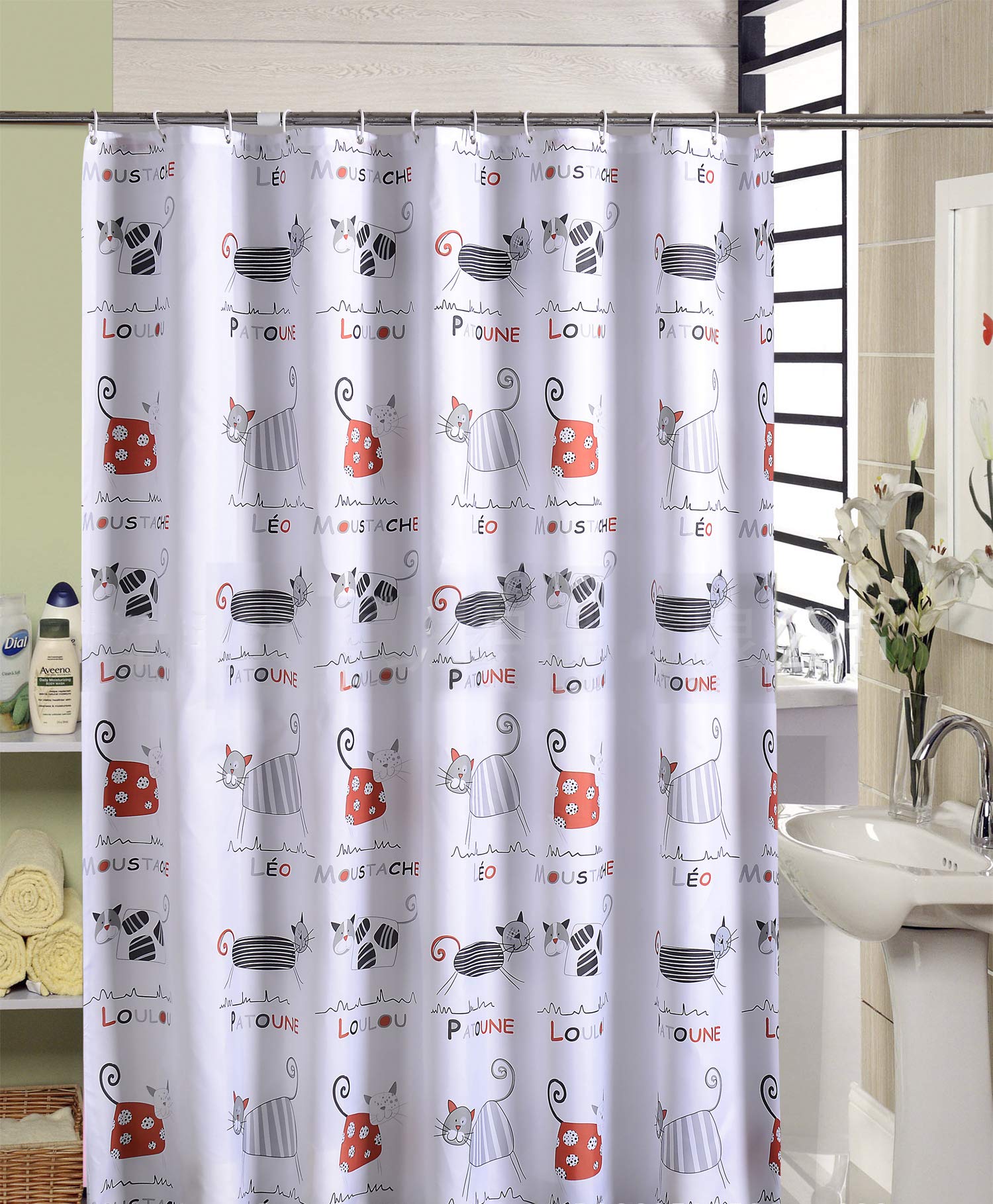 Tennove Shower Curtain 200 x 200cm Cartoon Cat Thick Polyester Fabric Mildew Resistant Shower Curtain Liner for Bathroom Waterproof Long Bath Curtain with Hooks,Machine Washable Heavy Weighted