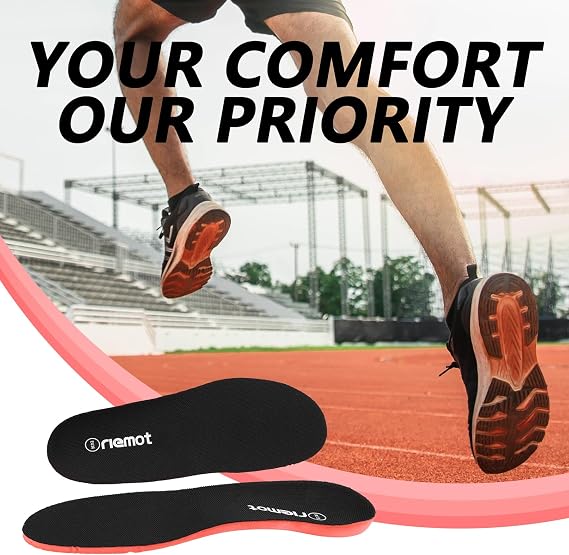 riemot Sports Insoles for Men, High Elasticity PU Shoe Inserts with Arch Support and Heel Cup, Shock Absorbing Insoles for Walking, Light Running, Sneakers & Running Shoes Black US9/ EU42