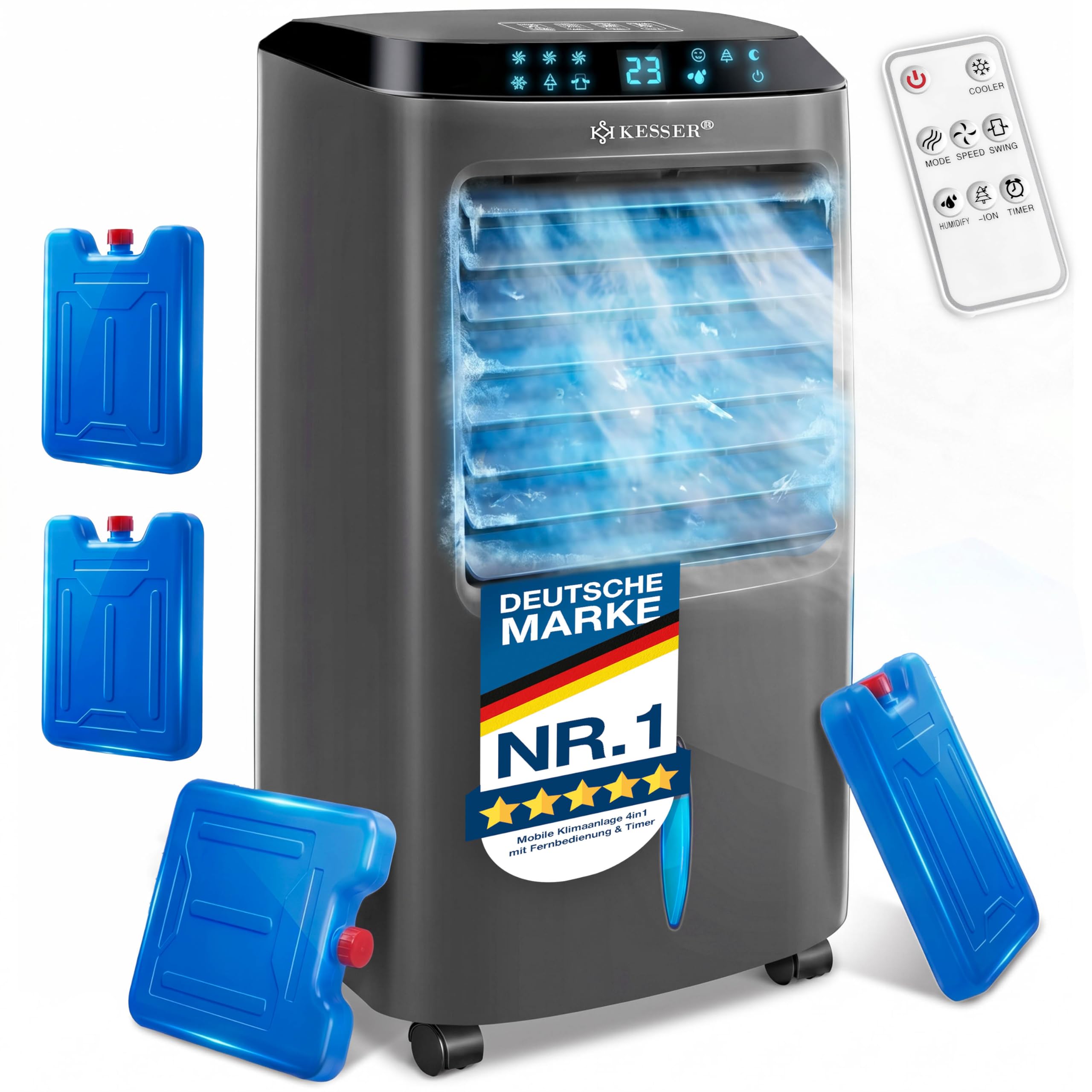 KESSER® Aire acondicionado portátil 4 en 1 – Air Cooler con mando a distancia y temporizador, depósito de agua de 10 litros, ionizador y humidificador, ventilador de aire acondicionado sin manguera de