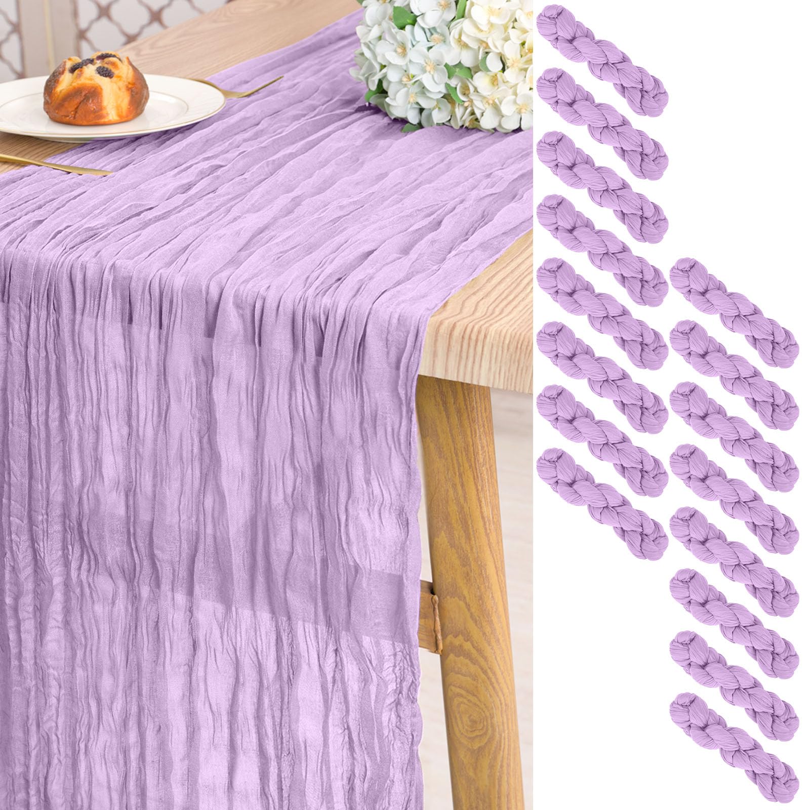 16 Pack Cheesecloth Table Runner Light Purple,10 ft Gauze Table Runner Long Semi-Sheer Rustic Boho Table Runners for Wedding,Bridal Shower,Party,Banquet Decoration(21.5 x 120 Inch)