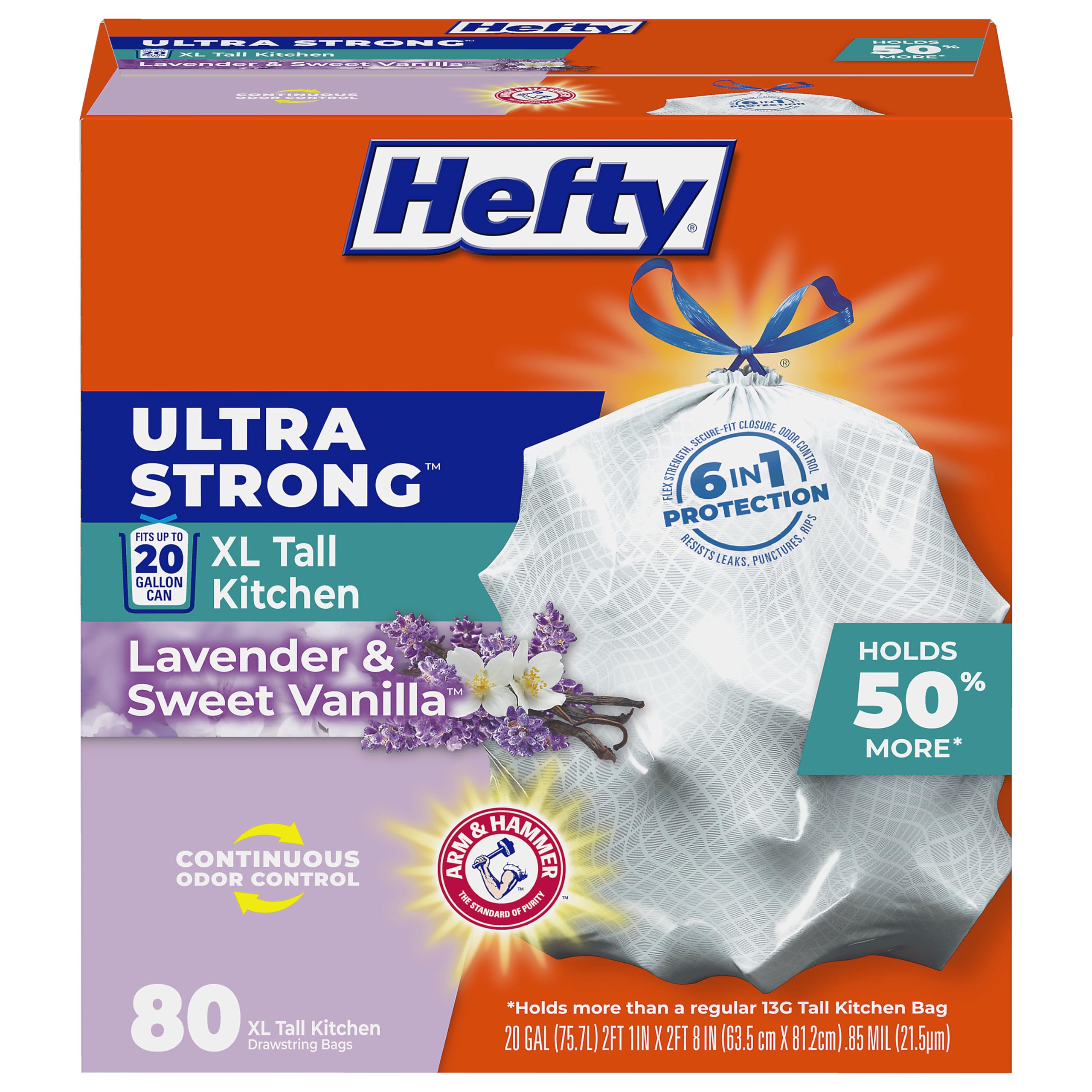 Hefty Ultra Strong 20 gallon trash bags, lavender vanilla scent, 80 count