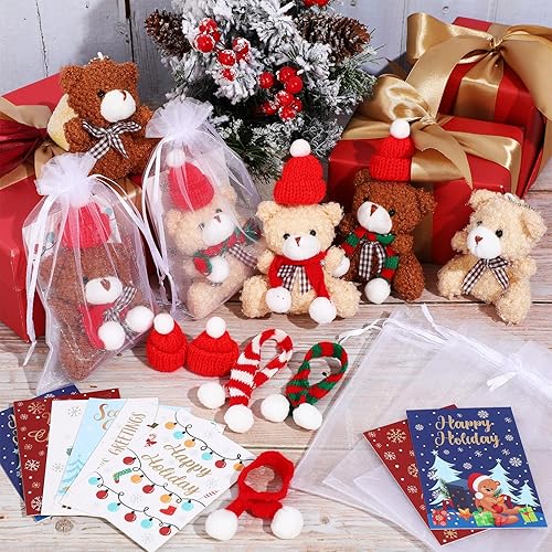 Miniatura 3 de Poen Juego de 24 mini osos de peluche de Navidad con sombrero de Papá Noel, bufanda, bolsa de organza de 4 pulgadas, pequeño oso de peluche de