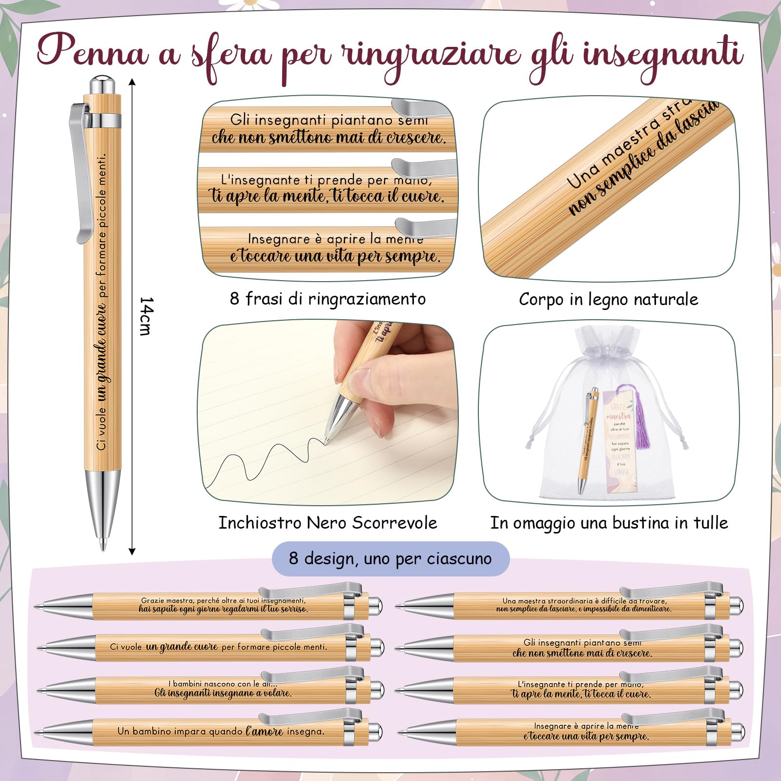 Tenare Set di 24 Regalo Grazie Maestre Fine Anno, Include 8 Penne a Sfera Insegnante, 8 Segnalibri con Nappe e 8 Sacchetti in Organza, Bomboniere Laurea Compleanno Pensionamento(Stile Naturale)