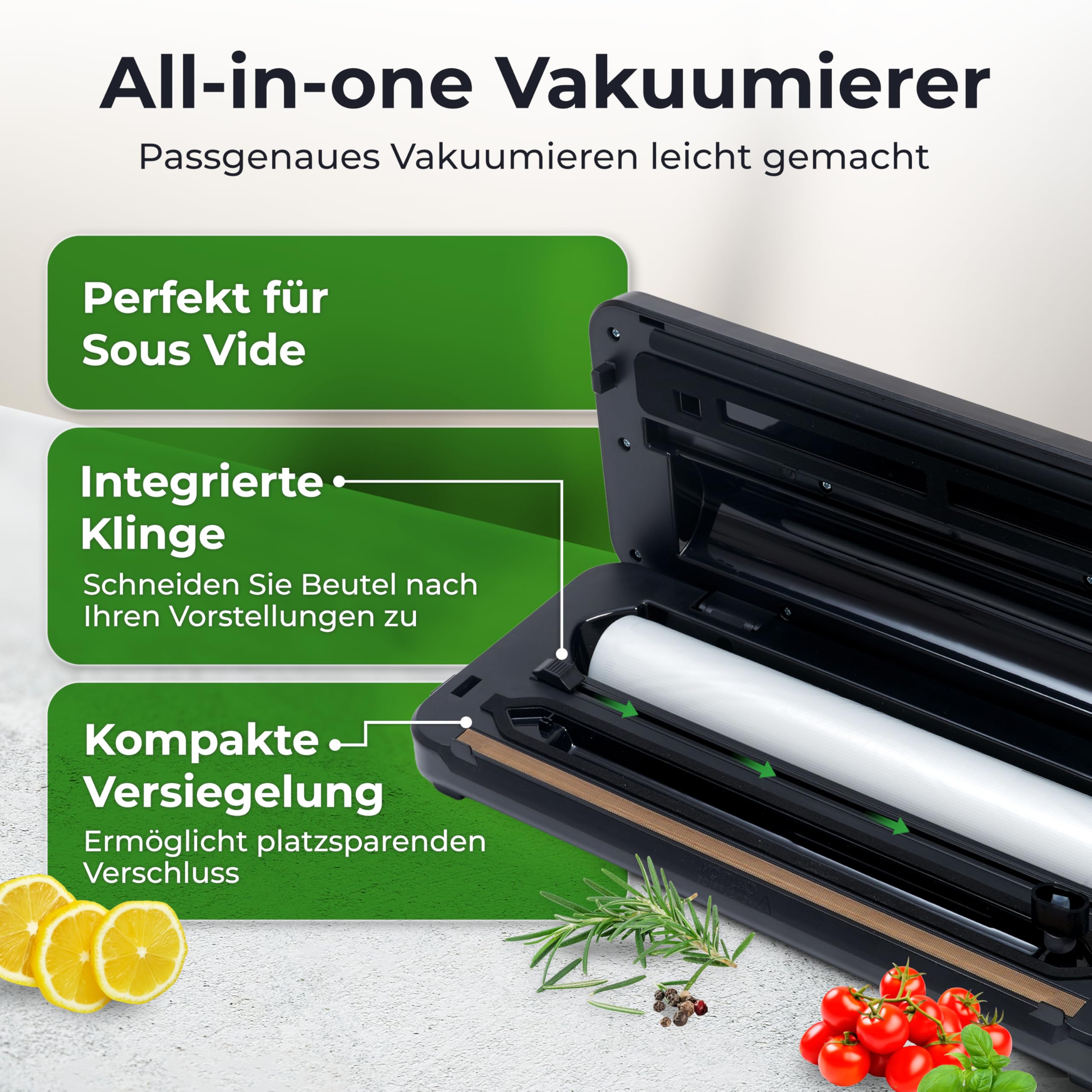 KLAMER Vakuumierer Pro 80 Vakuumiergerät für trockene & feuchte Lebensmittel Sous Vide inkl. Beutel und Schlauch