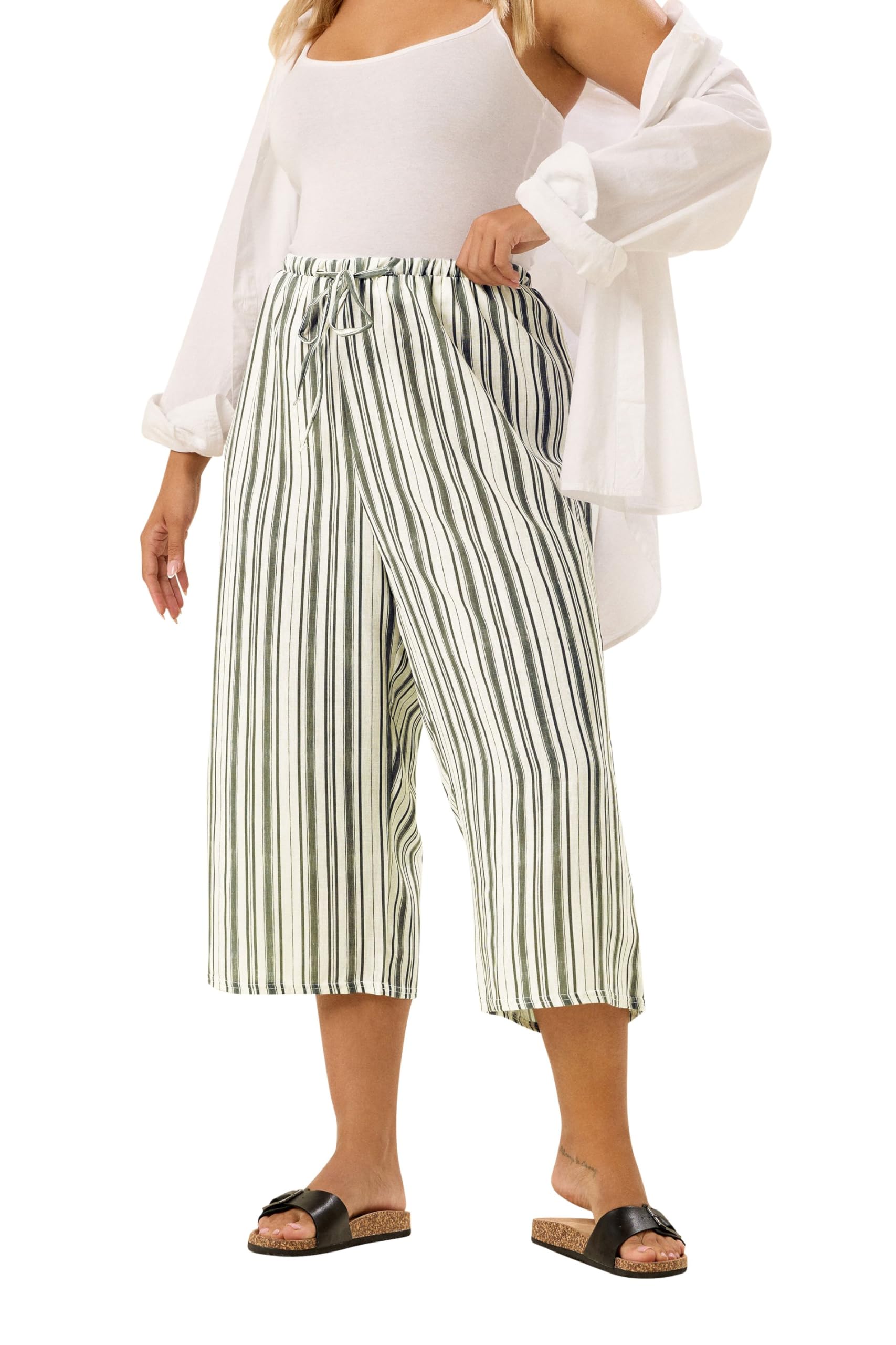 Yours Curve Green Stripe Linen Look Culottes - Women's - Plus Size Curve
