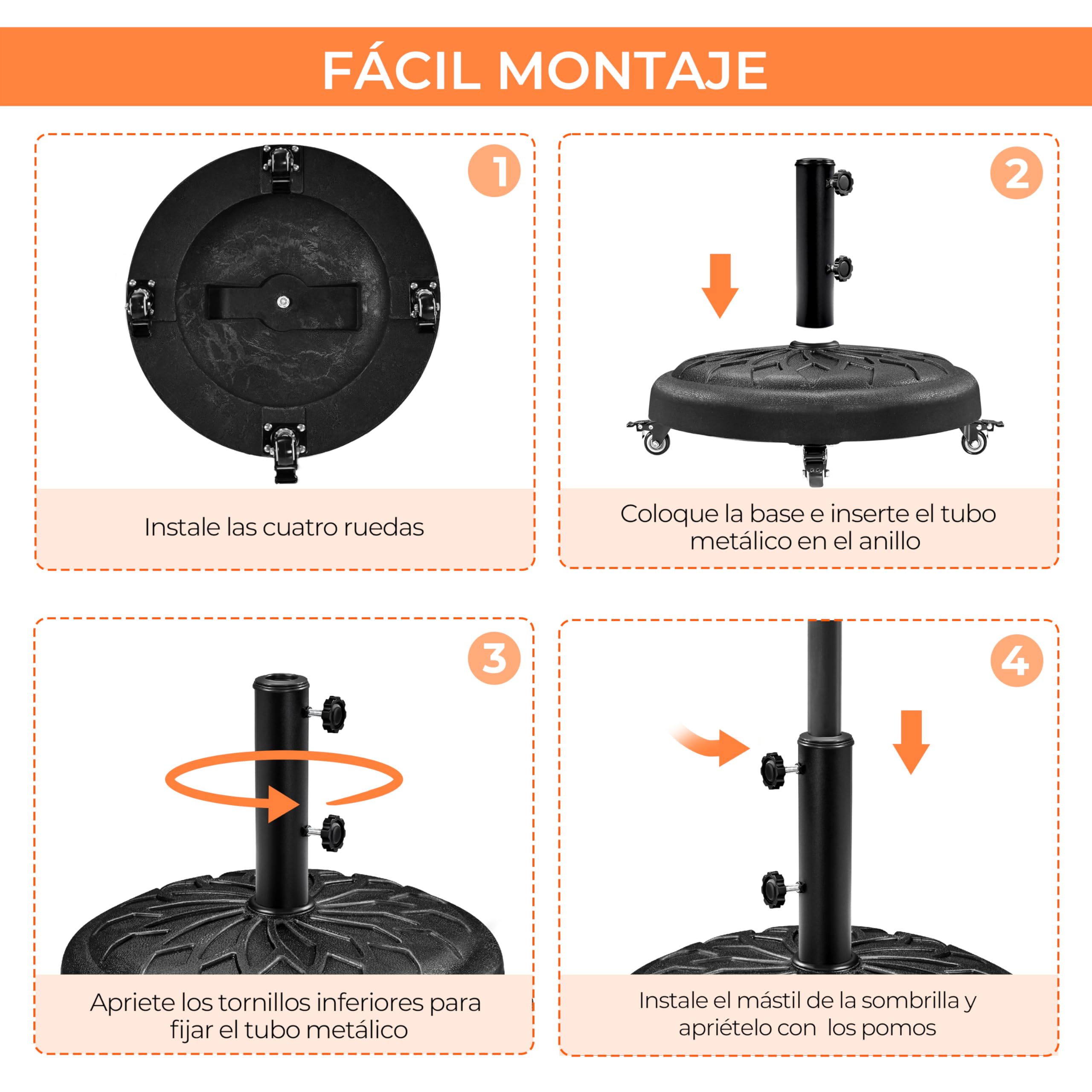 Yaheetech Base de Sombrilla 20kg Diseño Retro, 4 Ruedas Bloqueables Negro | Mástiles de 34/38/48mm, Fácil Movilidad, Resina y Metal Resistente a la Intemperie, Ideal para Jardín/Patio/Terraza/Eventos