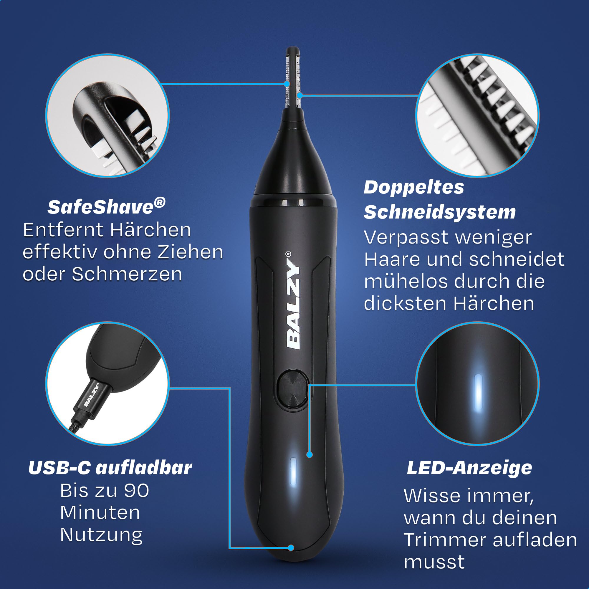 SnoutScraper® 2.0 Nasenhaartrimmer Herren 3-in-1 – Nasen- & Ohrhaarentferner, Augenbrauentrimmer, Präzisionstrimmer mit SafeShave™, USB-C Akku, 90 Min. Laufzeit, IPX5