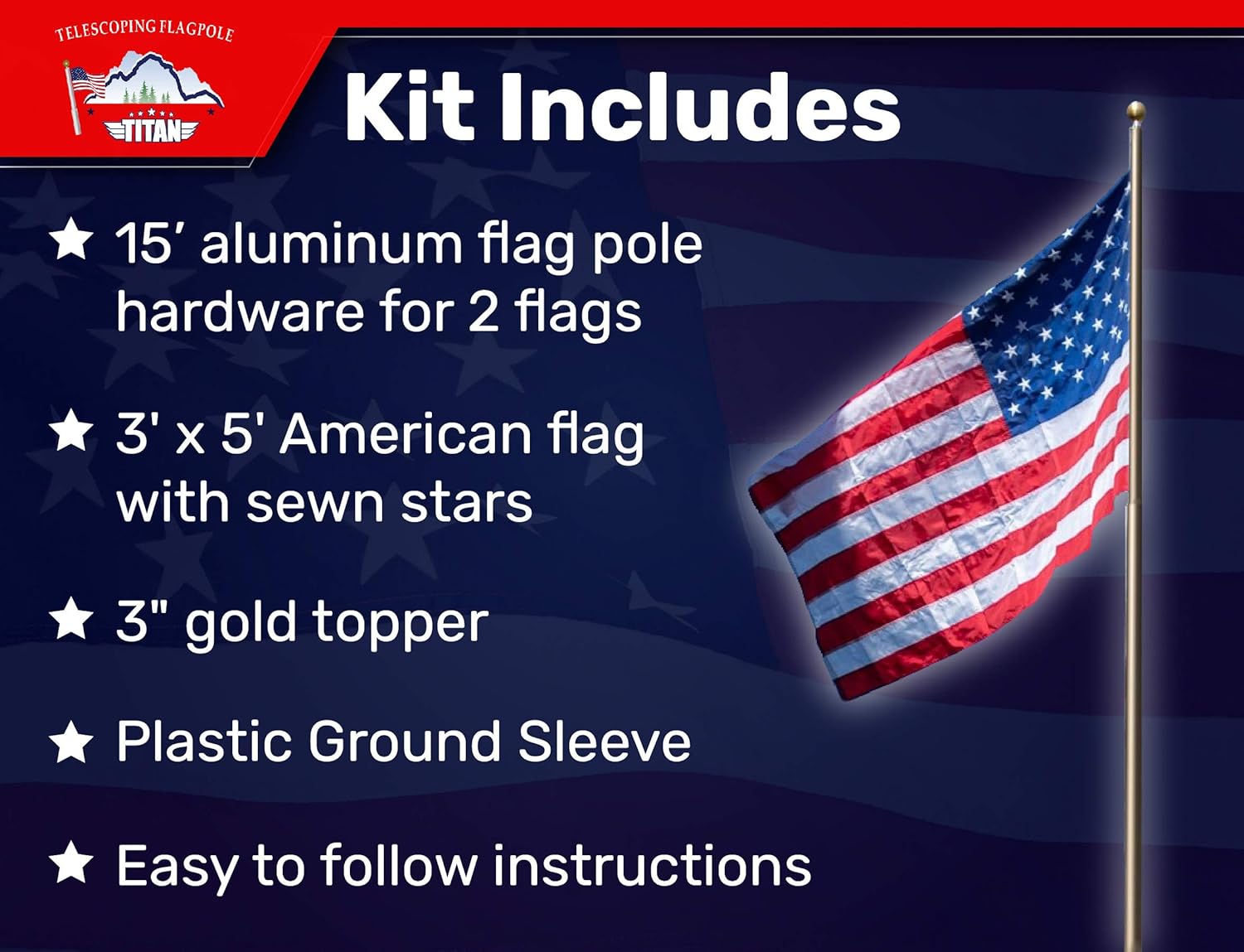 Titan Telescoping Flag Poles, 15ft Light Bronze - American Made Heavy Duty Flag Pole Kit with Anodized Aluminum Telescoping Flag Pole, 3 x 5 American Flag, Hardware for 2 Flags, Assembly Instructions