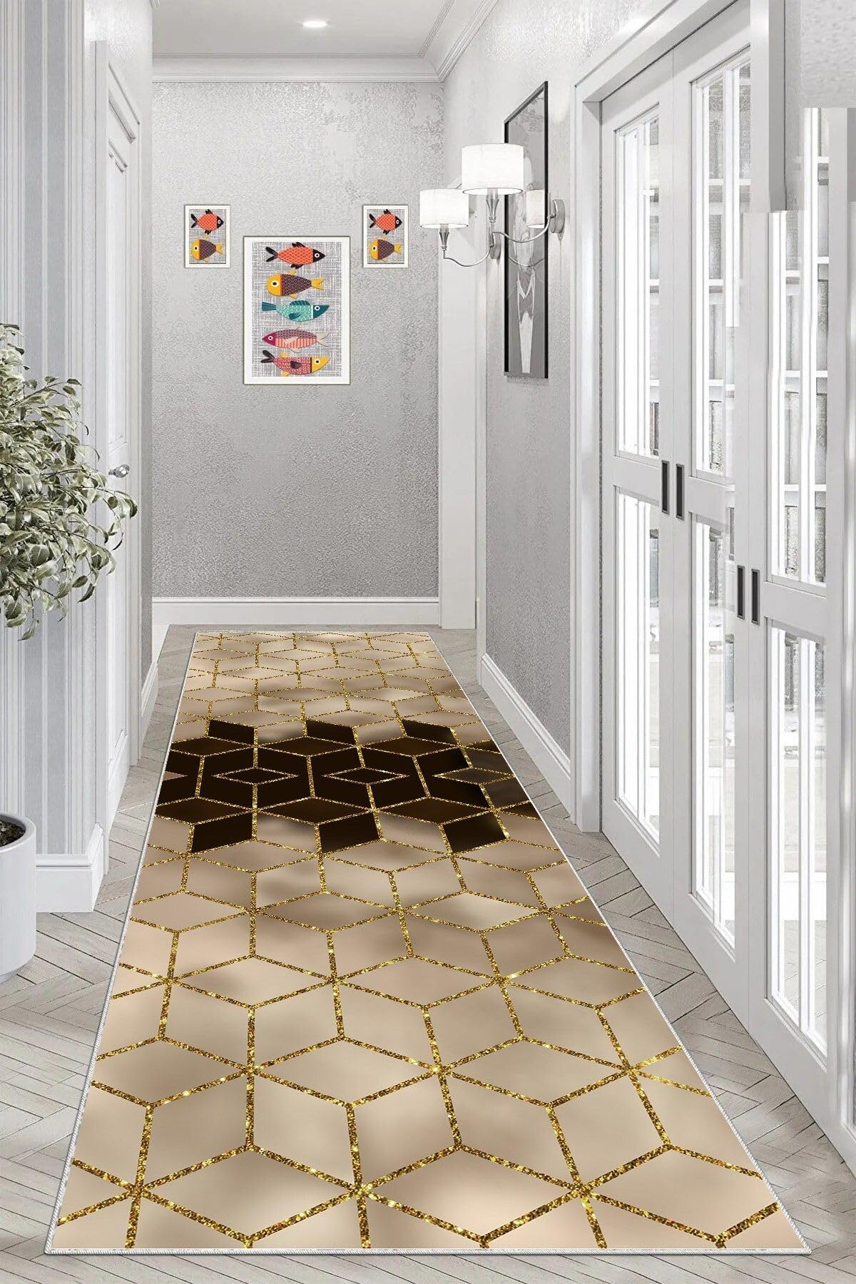 Pelangi Balpeteği Geometrik Desenli Etnik Dijital Baskı Yıkanabilir Kaymaz Taban Salon Halı Ve Yollu, Gold-Sütlü Kahve 100 x 200, 95551038111002007