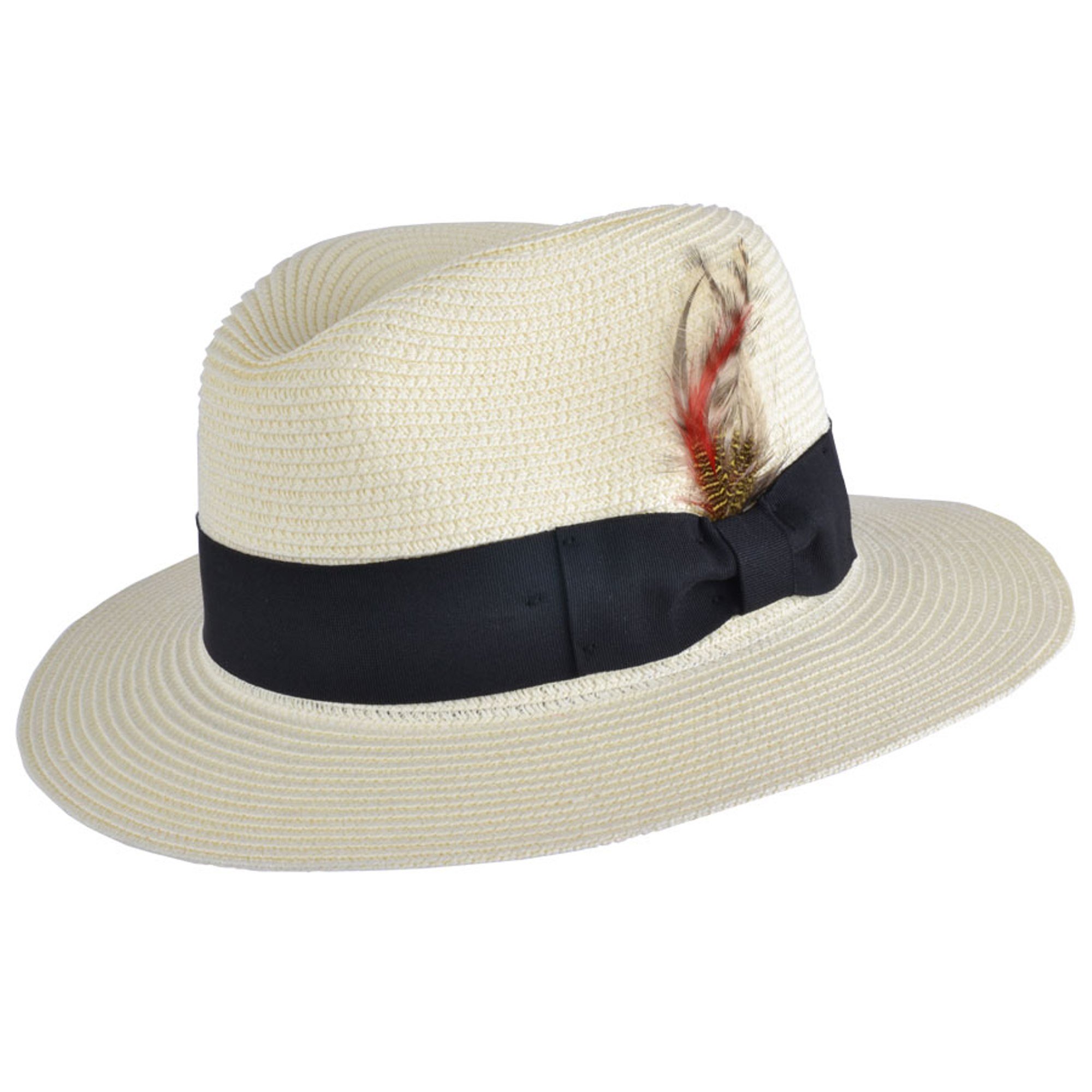 Maz Unisex Cream With Feather Paper Straw Crushable Foldable Summer Panama Fedora Hat With Band And Adjustable Sweatband In 8 Colours (Medium(57Cm), )
