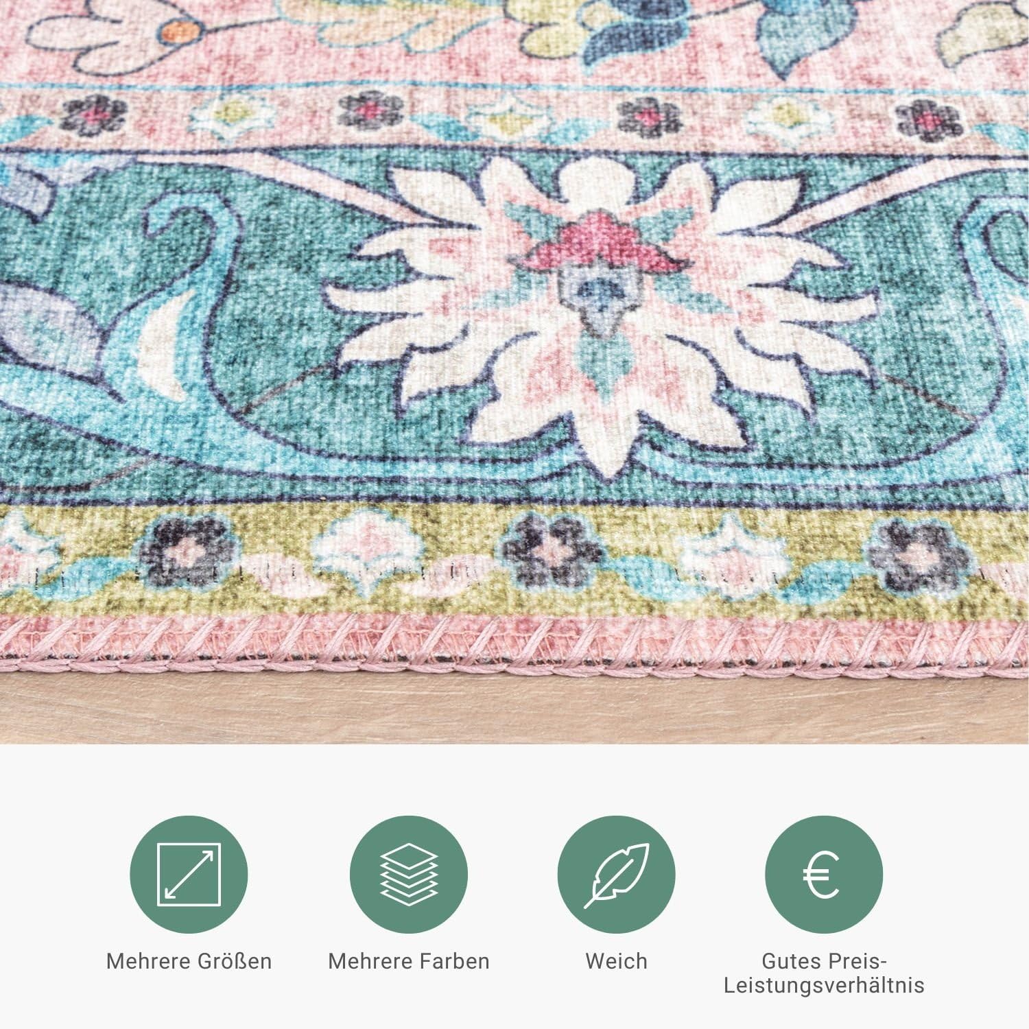Vintage Teppich - Lily Oriental Blau Rosa - 160x230 cm | Baumwolle - Flachgewebe - Vintage - Klassik - Wohnzimmer, Esszimmer, Schlafzimmer