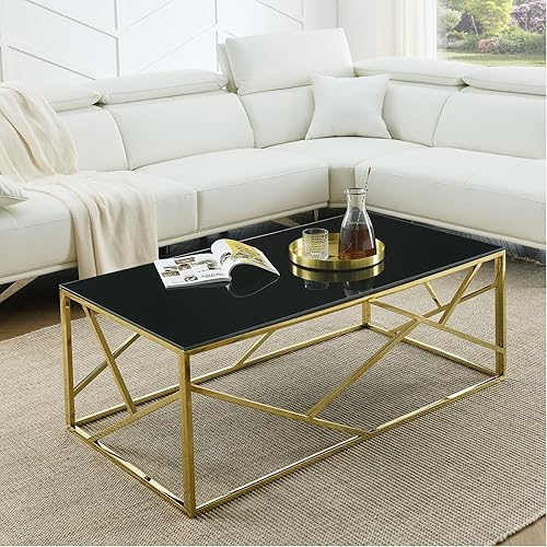 WOKER FURNITURE Black Glass Coffee Table with Golden Metal Frame,Modern Rectangular Coffee Accent Table with Black Tempered Glass for Living Room Bedroom