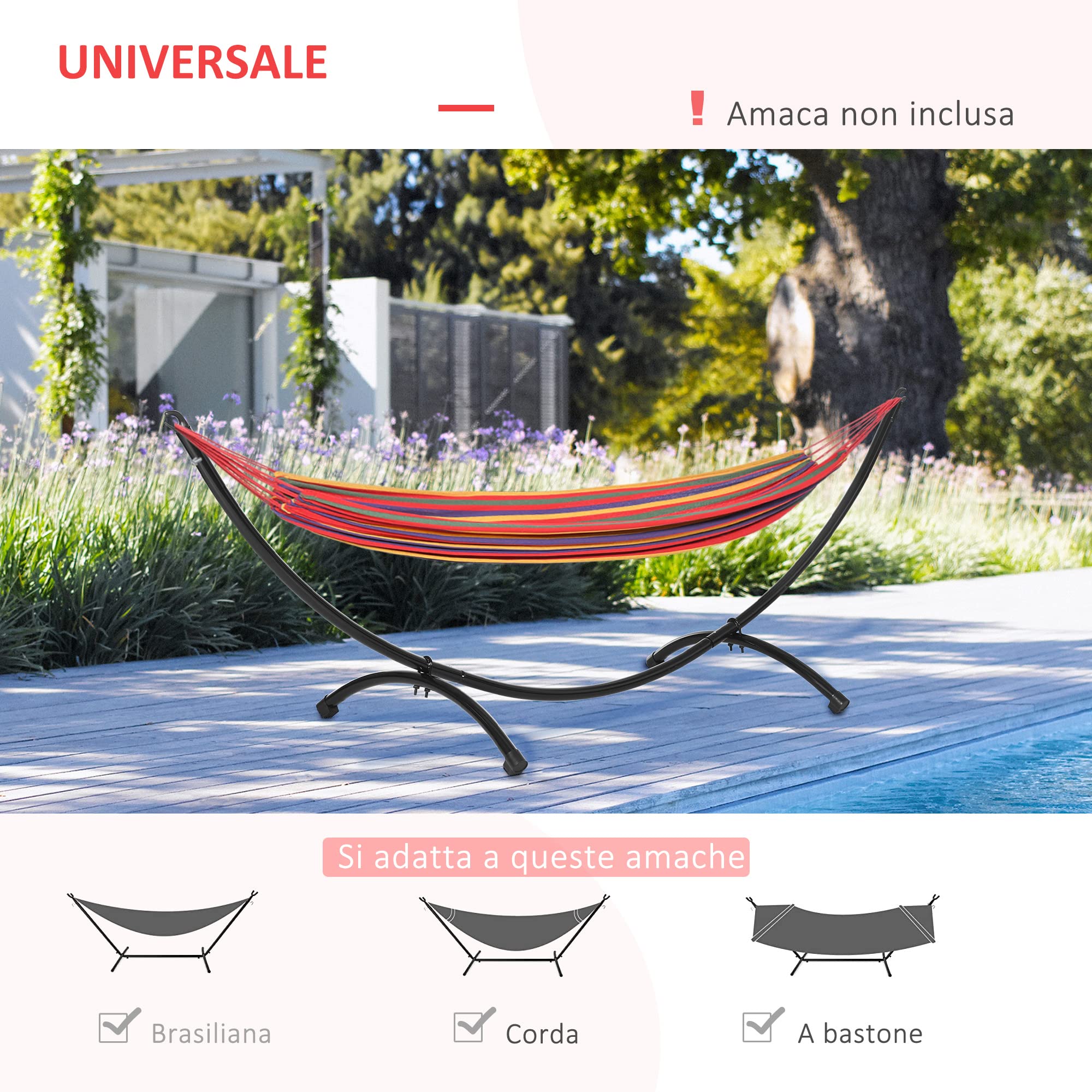 Outsunny Struttura per Amaca Universale da 3m, Supporto in Metallo da Esterno per Giardino e Terrazza, 300x90x100cm, Nero