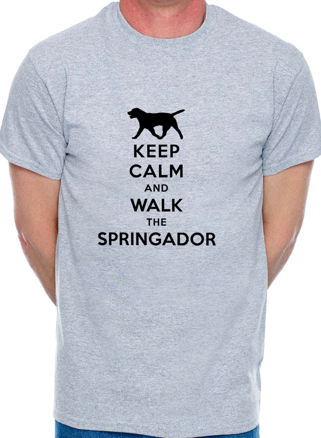 Print4u Men's Grey T-Shirt Keep Calm & Walk The Springador Dog Medium Black Text
