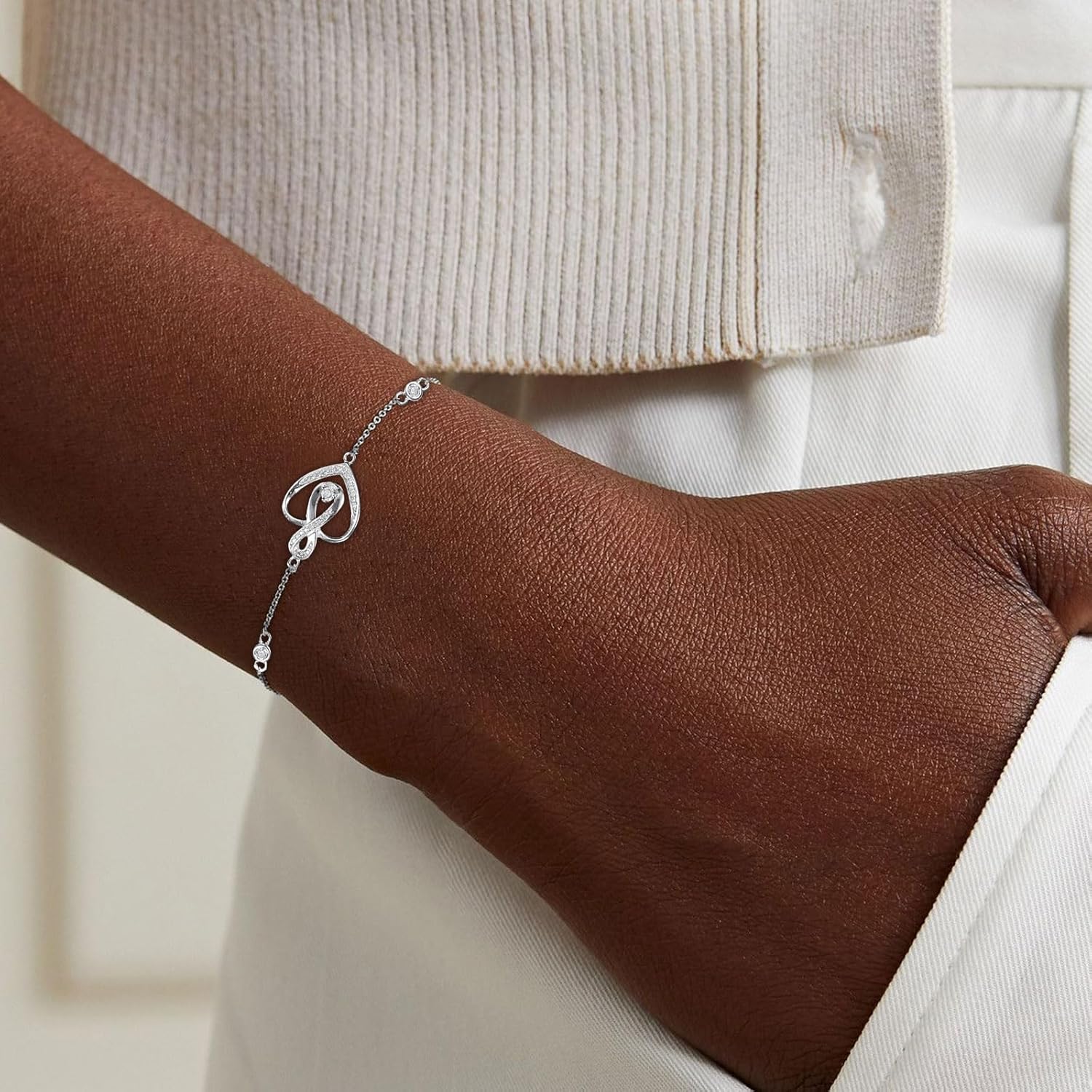 Diamond Heart Bracelet for Women 925 Sterling Silver Lab Grown Diamond Infinity Link Bracelet 18K White Gold Plated D Color VVS Clarity