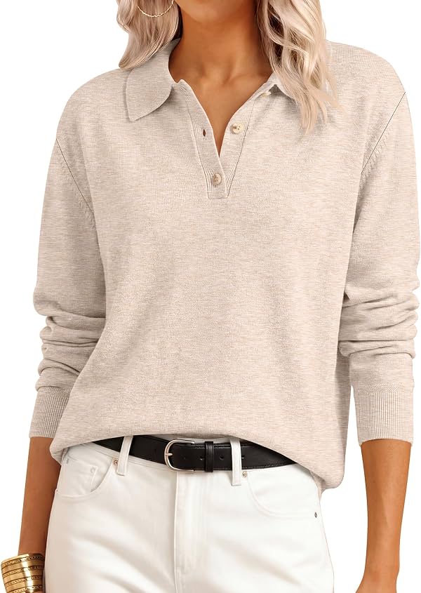 Suéter de mujer ANRABESS con cuello polo y tejido de punto, manga larga, tipo pullover