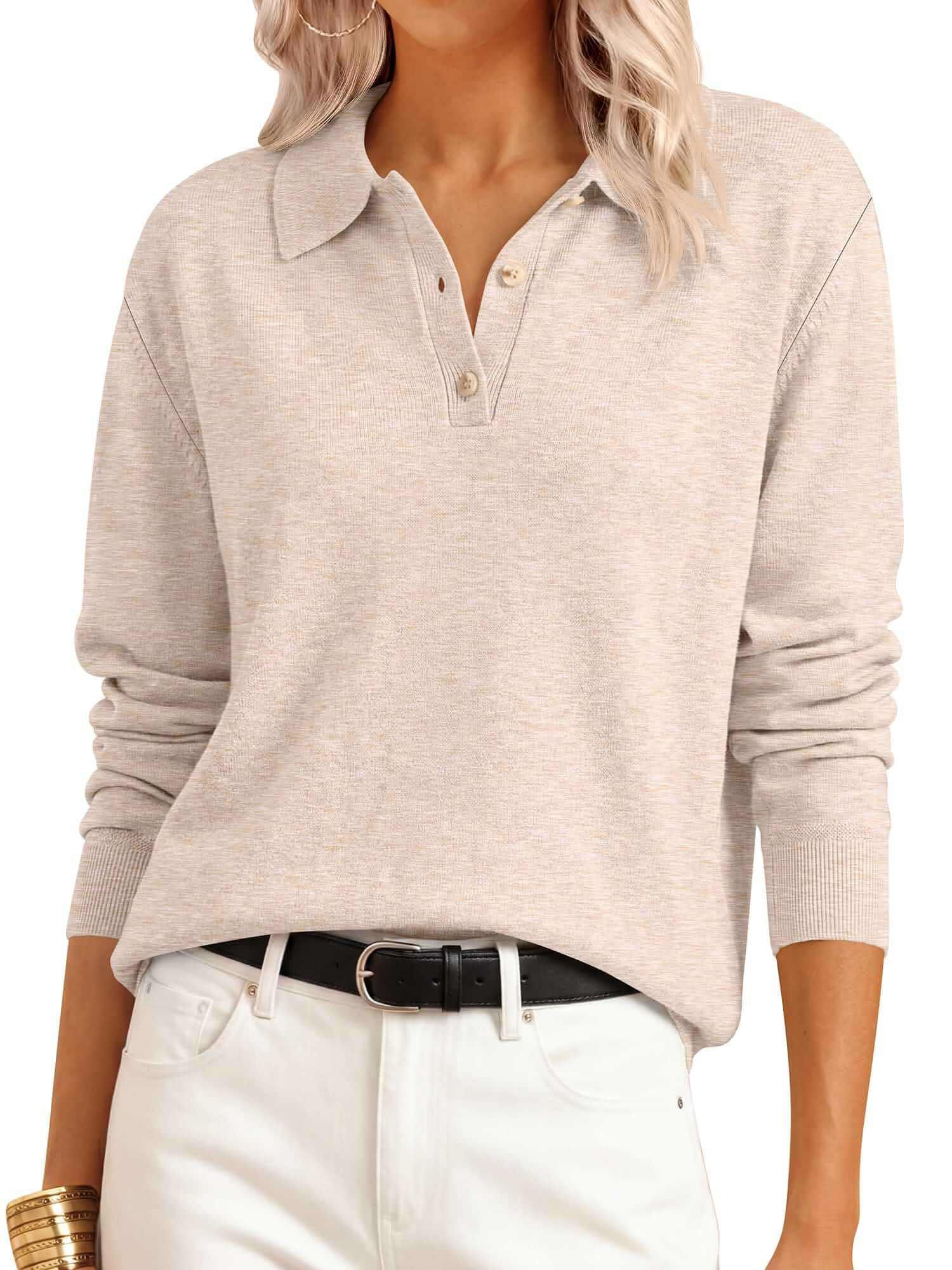 ANRABESS Sweaters for Women Polo Collared Knit Long Sleeve Pullover Soft Lightweight Cozy Feel, V Neck Button Shirts, Business Casual & Office Clothes, Fall Winter Dressy Wear