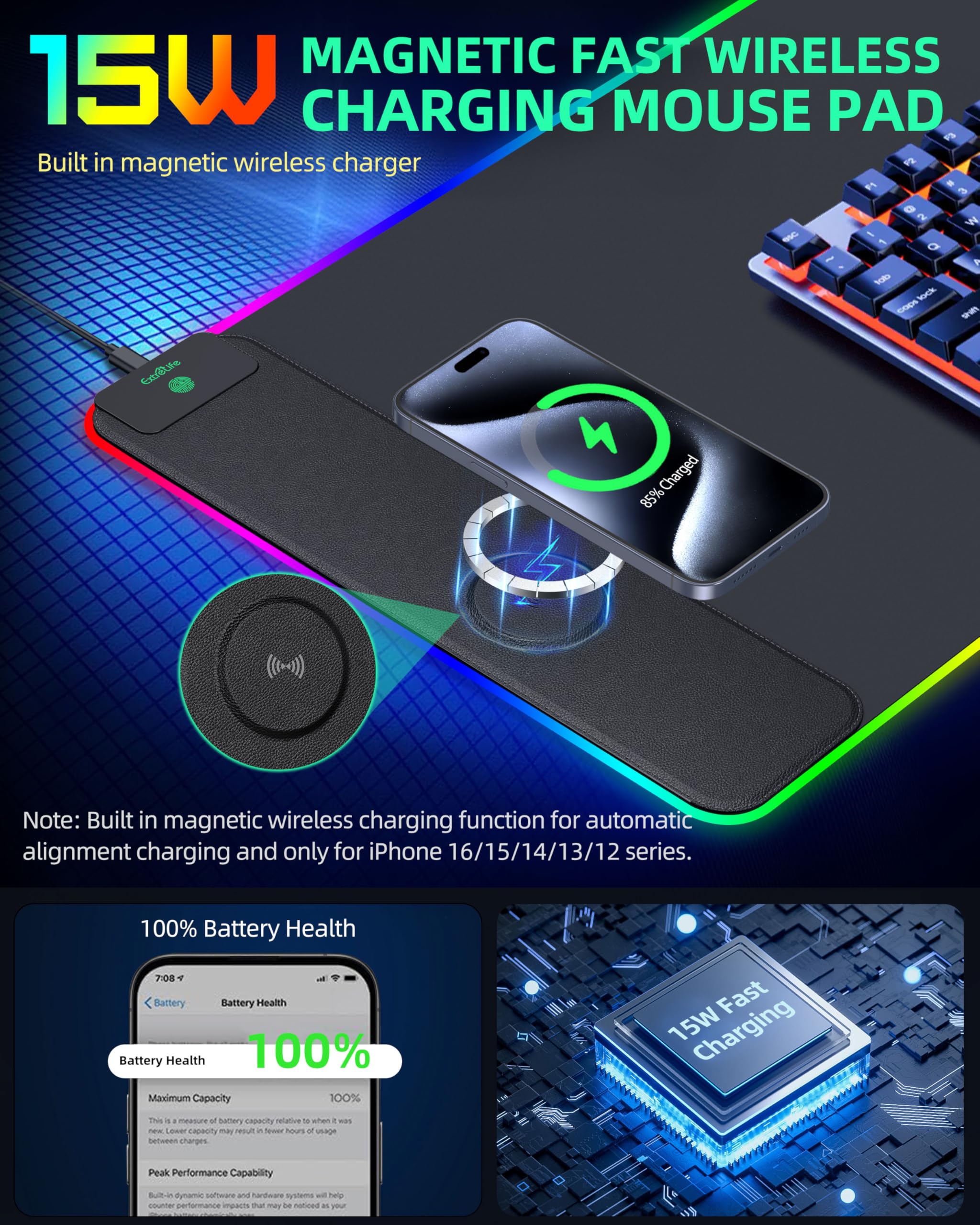 Tappetino per mouse con ricarica wireless, tappetino da scrivania da gioco RGB, grande tappetino da scrivania XXL, 15 modalità di illuminazione, superficie ultra liscia, tappetino per mouse