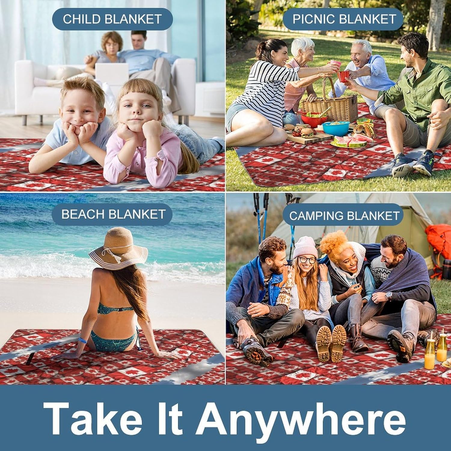 Square Picnic Mat,Canadian Flag Portable Picnic Blanket,Beach Mat,Picnic Blanket for Family Outdoor Camping Party, 58.3x58.3, Style