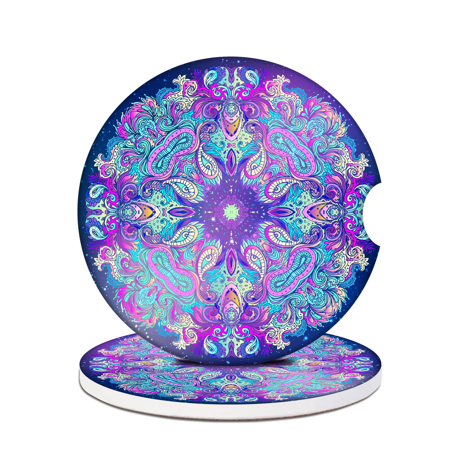 Car Cup Holder Coasters - Mandala Scared Eye Absorbent Ceramic 2 Pack, Anti Slip for Cup Holders, Fashion Interior Accessories Drink Coaster for Women & Men
