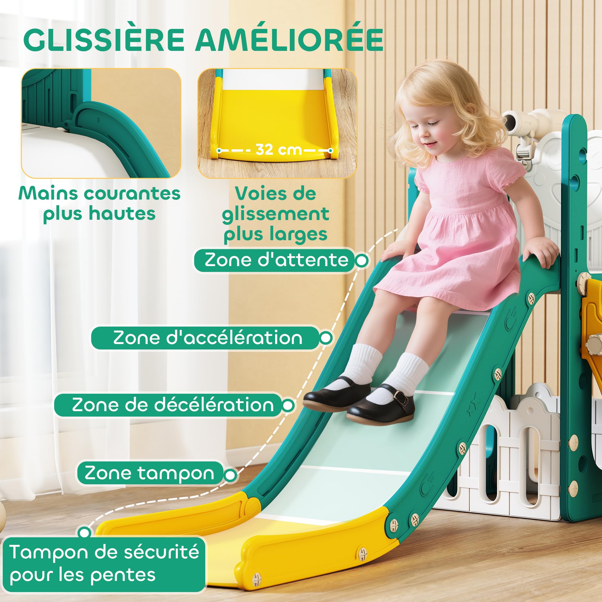 AIYAPLAY Toboggan 7 En 1 Pour Enfant Avec Panier De Basket, Cadre D'escalade, Télescopique, Tunnel, Volant, Plate-forme, Toboggan De Jardin Pour L'intérieur Et L'extérieur De 1 à 3 Ans, Jaune