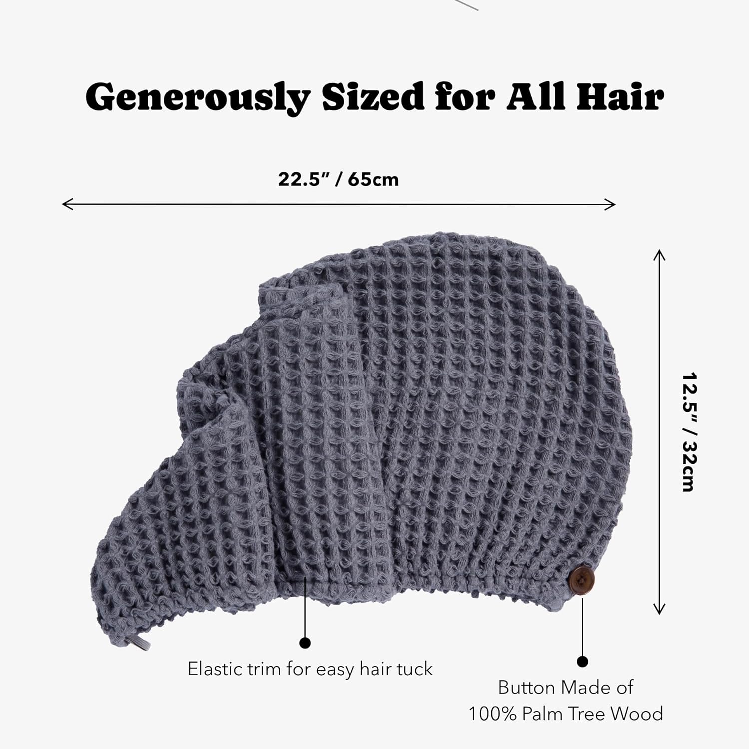 100% Organic Cotton Hair Drying Waffle Towel Wrap for Women | Absorbent & Quick Dry Head Turban for Wet Hair in Shower Sauna Spa, Extra Large for Long Straight Curly Plopping Button (Grey, 1 PACK)