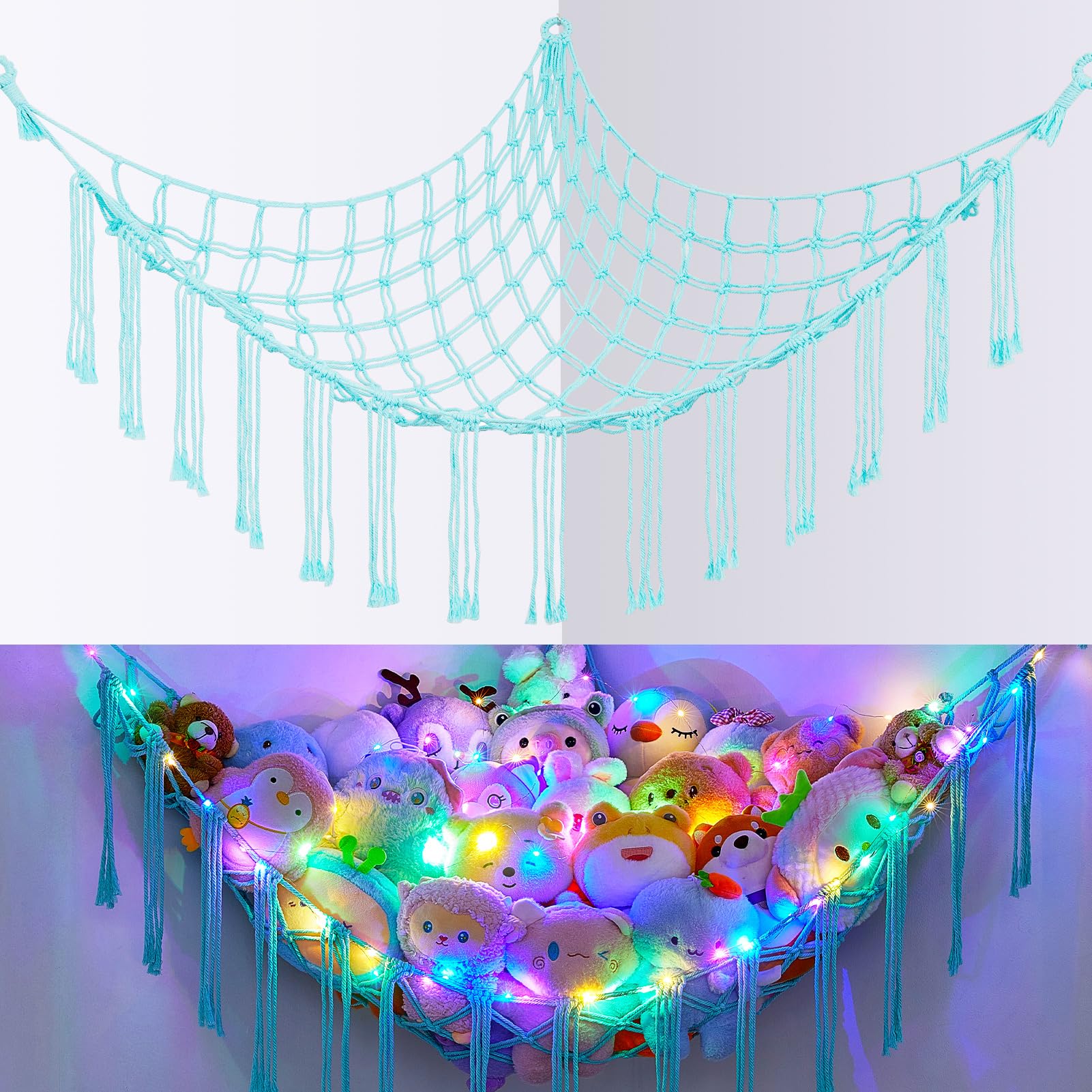 Basumee Stuffed Animals Net or Hammock with LED Light, Hanging Stuffed Animals Storage Toy Hammock Net Corner Wall Girls Room Decor Toy Storage Organizer, Light Aqua Green, L