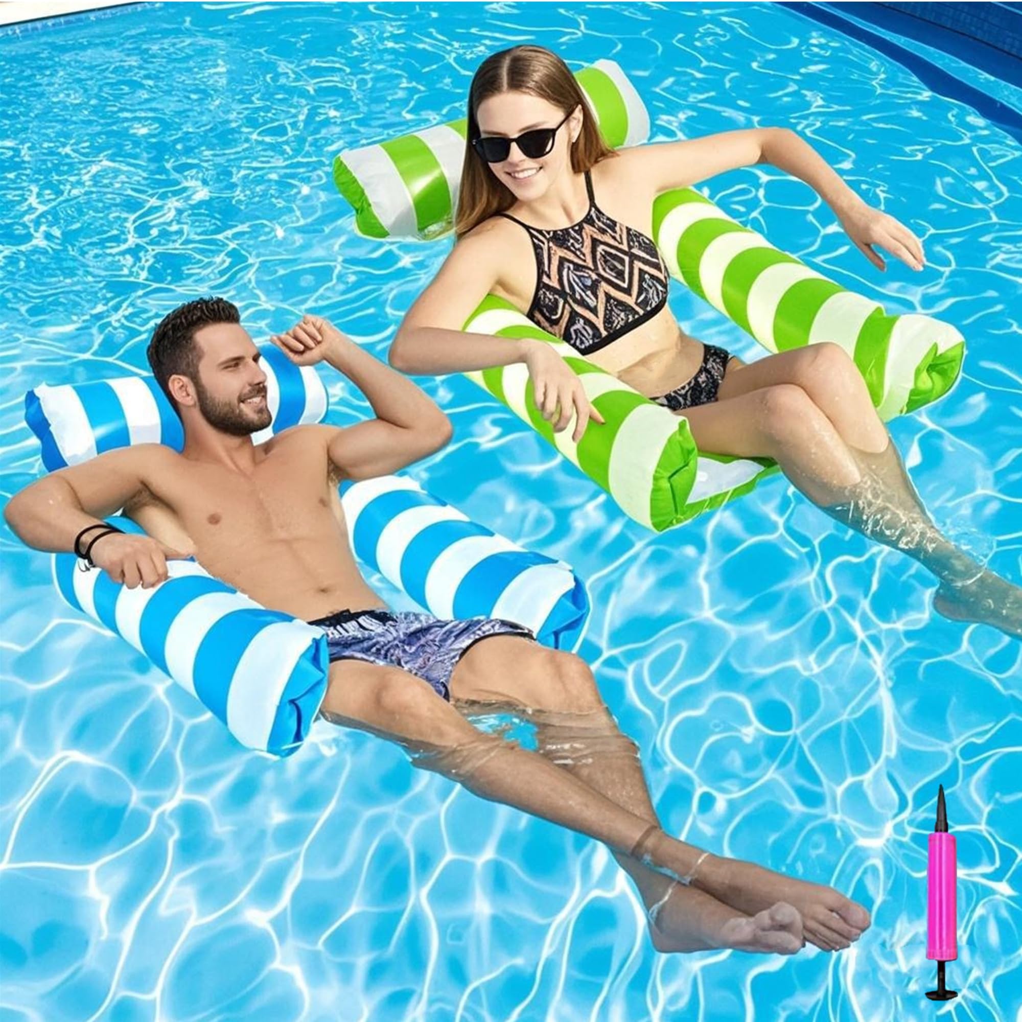 2Pcs Inflatable Pool Floats, 4 in 1 Water Hammock Floats Inflatable Pool Float for Adults Kids Floating Saddle Lounger Floating Chair Bed with Manual Pump (Blue+Green)