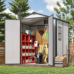 MELLCOM 6 x 4 FT Resin Outdoor Storage Shed with Floor, Outdoor Storage Tool Shed with Windows and Lockable Door, Resin Garden Shed for Bike, Garbage Can, Lawnmower