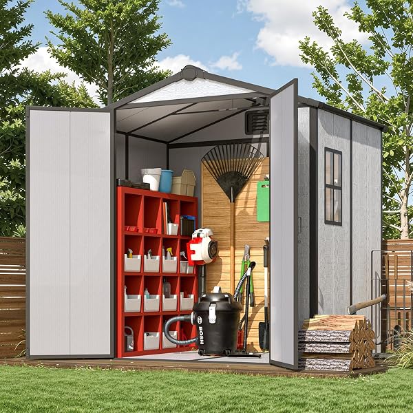 MELLCOM 6 x 4 FT Resin Outdoor Storage Shed with Floor, Outdoor Storage Tool Shed with Windows and Lockable Door, Resin Garden Shed for Bike, Garbage Can, Lawnmower - 1