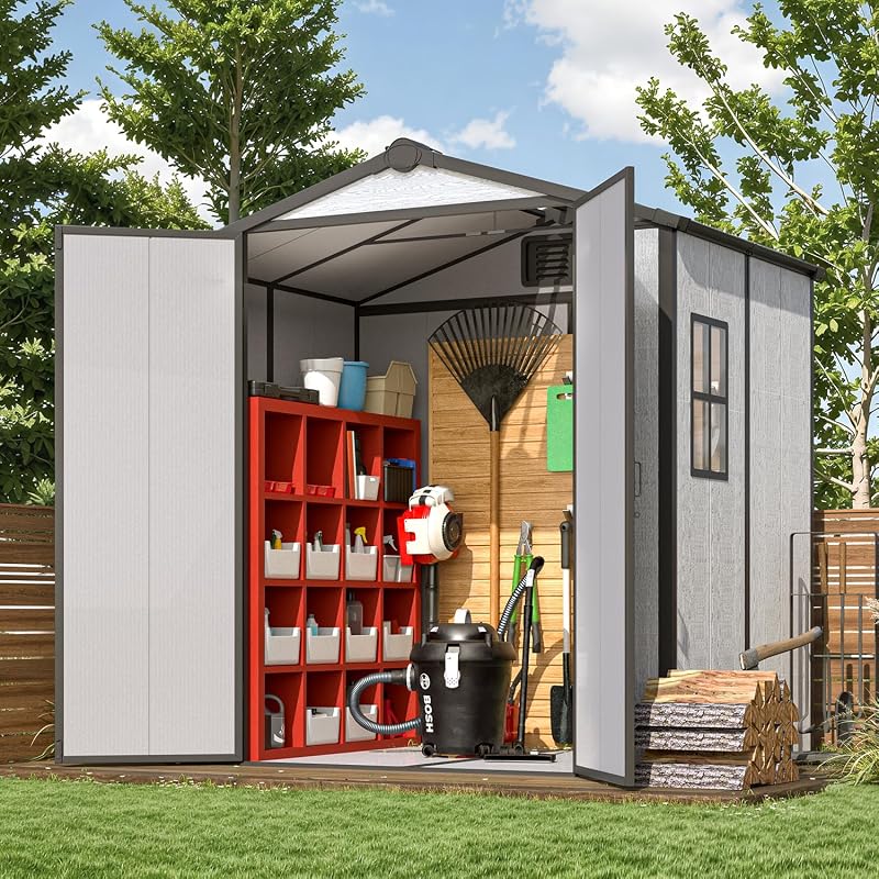 MELLCOM 6 x 4 FT Resin Outdoor Storage Shed with Floor, Outdoor Storage Tool Shed with Windows and Lockable Door, Resin Garden Shed for Bike, Garbage Can, Lawnmower