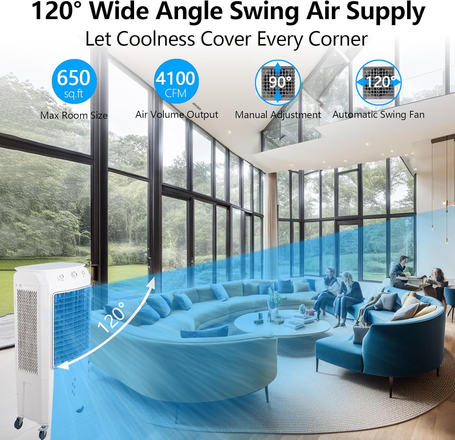 Evaporative Cooler, 4100 CFM Swamp Cooler, Evaporative Air Cooler with 4 Ice Packs, 3 Wind Speeds and Modes, Air Cooler for Outdoor/Indoor Use, 15.8 Gallon