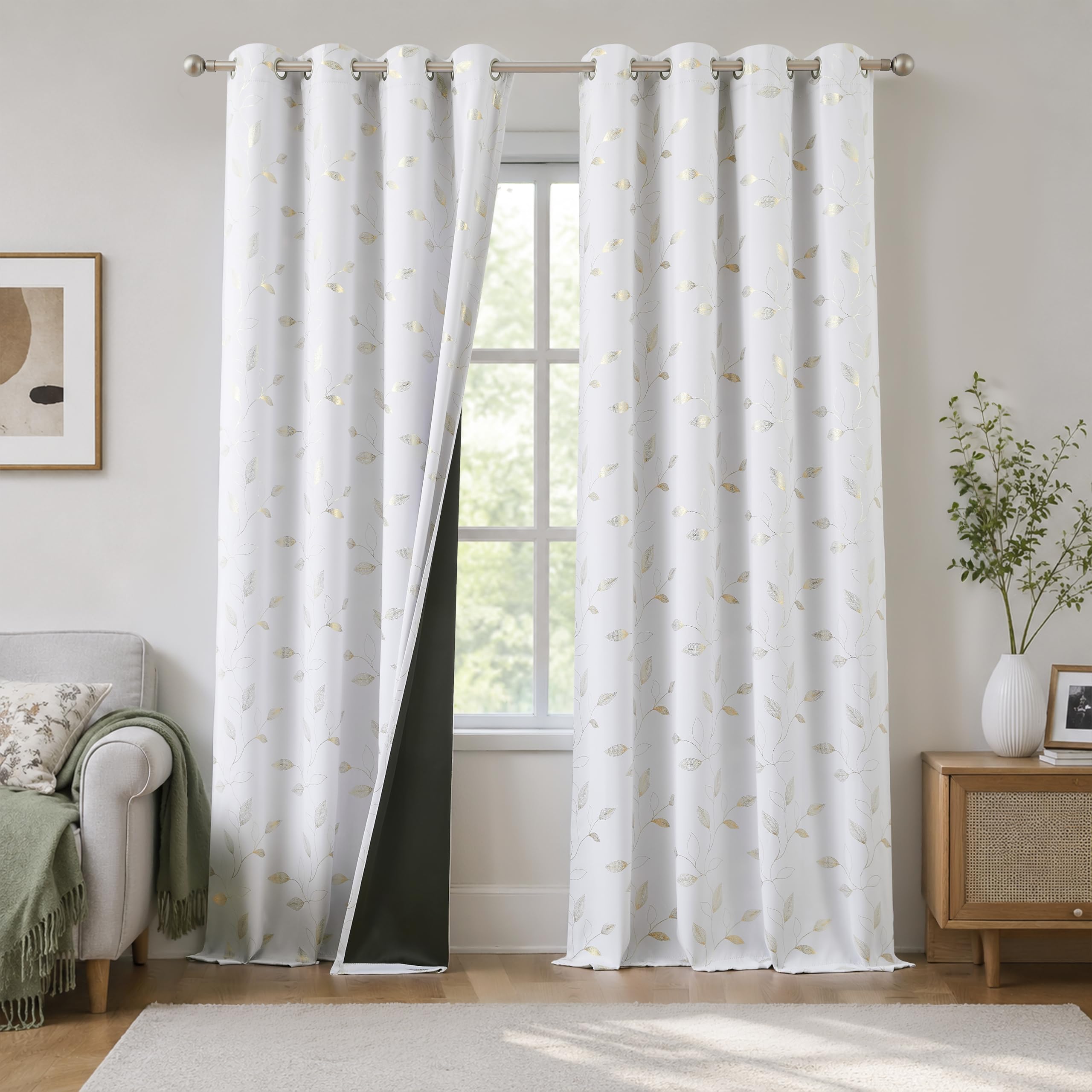 Bujasso White Blackout Curtains Print Golden Leaf Patterned 54"x72" Grommet