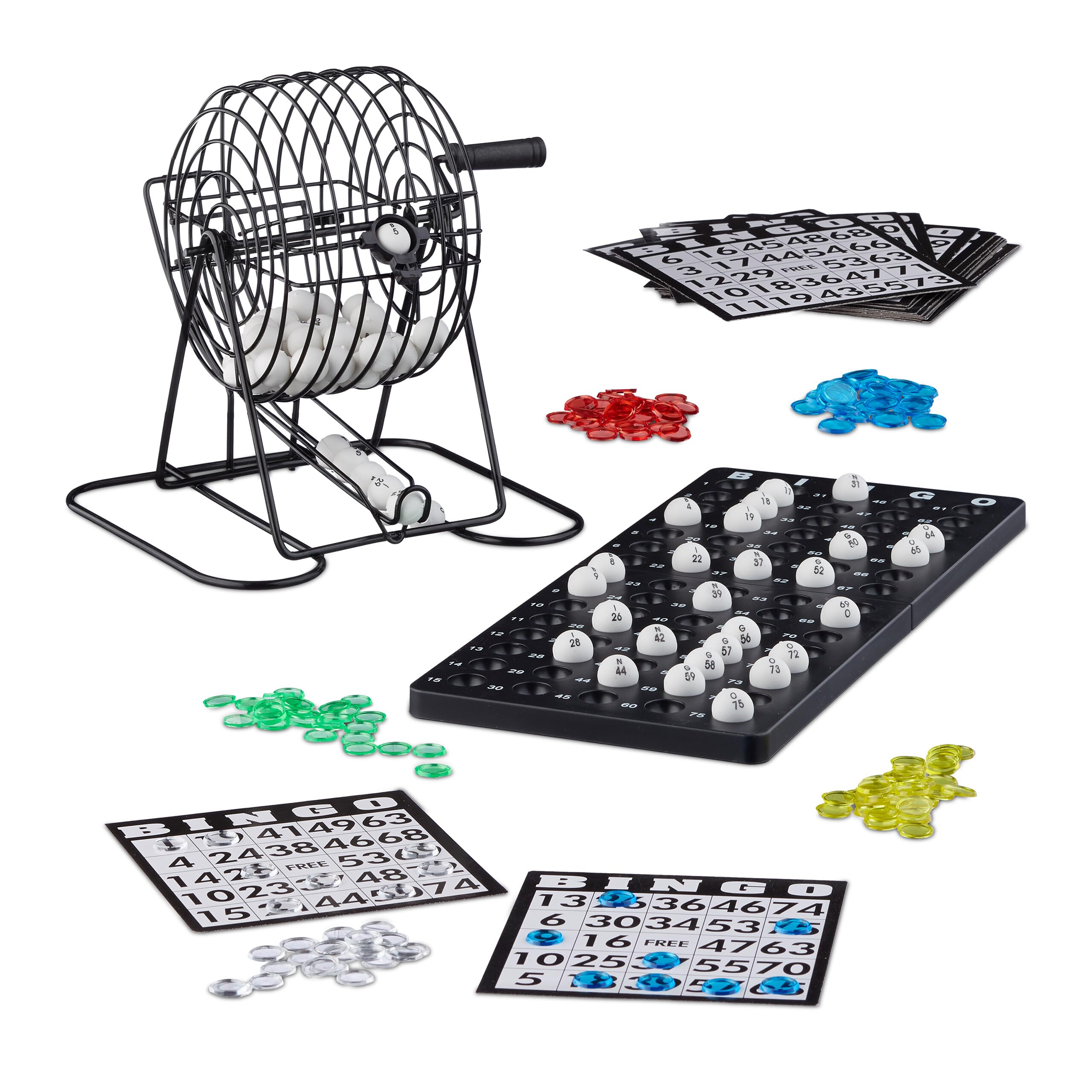 Relaxdays 10021014 Bingo gra z metalowym bębnem wys. x szer. x gł.: 20 x 17,5 x 21,5 cm bilety bingo, kulki, żetony, plansze do gry, czarne