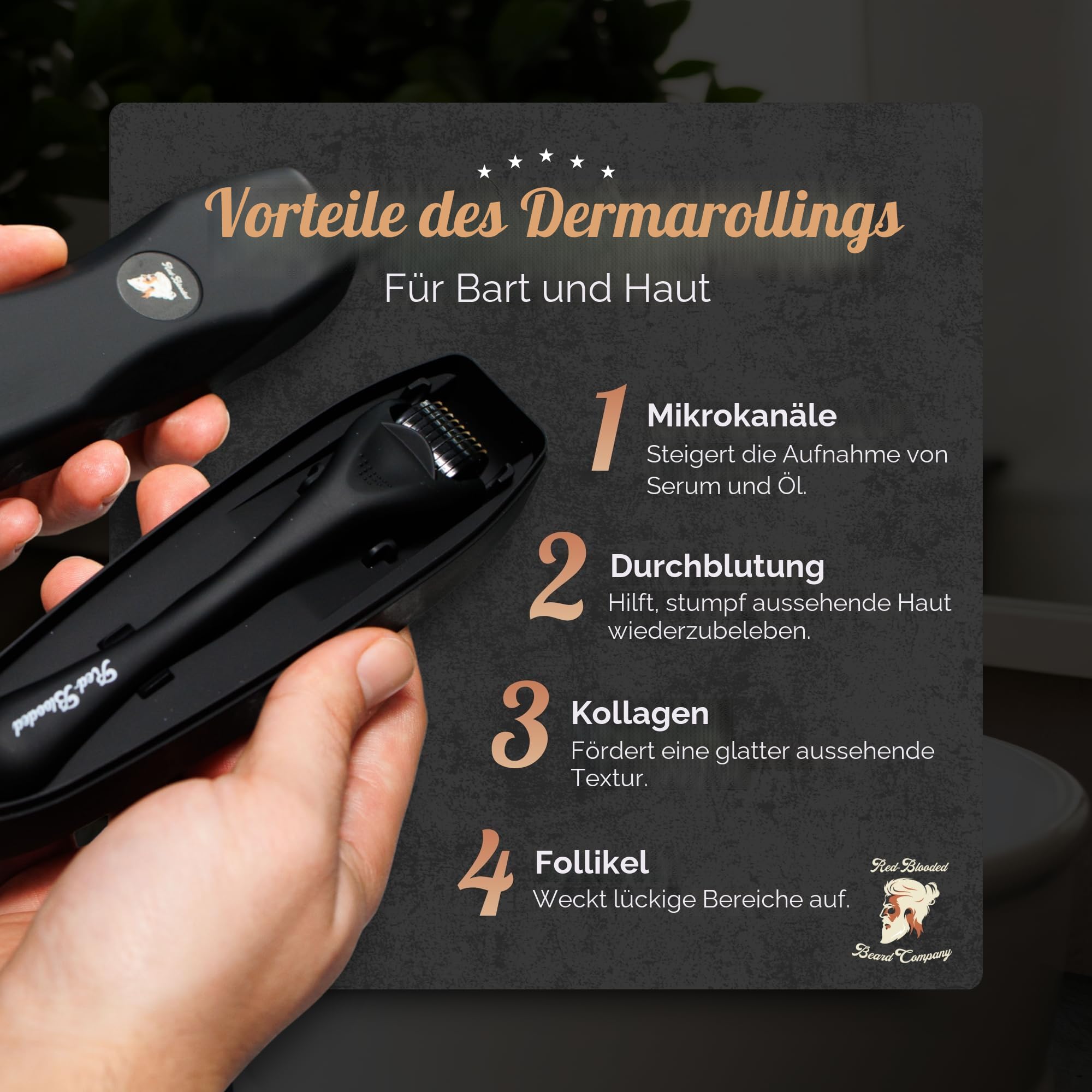 Red-Blooded Bartwachstumsset – Bartroller + Bartöl + Bartbalsam – stimulieren Sie Bart und Haarwachstum Duft-Bartpflege-Geschenk für Männer – 0,5 mm Dermaroller für Haare, Bart Nachwachsen