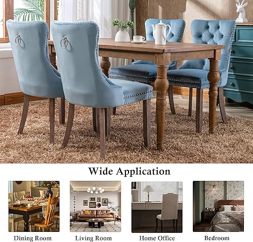 Miniatura 4 de Rhomtree Juego de 4 sillas de comedor de tela de terciopelo, respaldo copetudo de lujo con ribete clavado y anillo trasero, sillas de cocina,