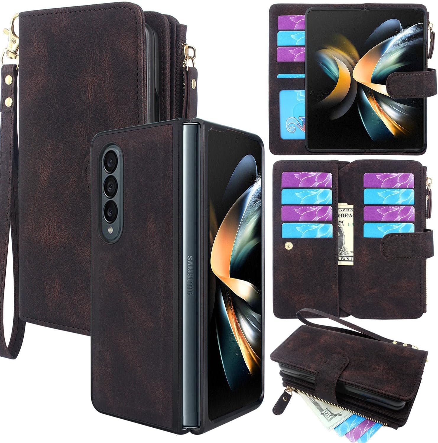 Lacass Compatible with Samsung Galaxy Z Fold 4 Z Fold4 5G (2022) Case [12 Card Slots] ID Credit Cash Holder Zipper Pocket Detachable Magnet Leather Wallet Cover(Black Brown)