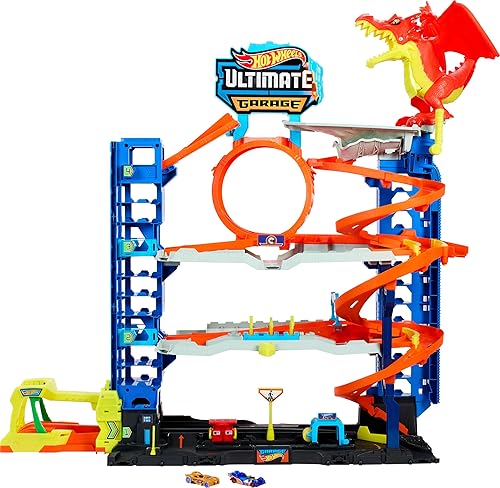 Miniatura 7 de Hot Wheels City Ultimate Garage Playset con 2 autos fundidos a presión, almacenamiento de juguetes para más de 50 autos a escala 164, 4 niveles de
