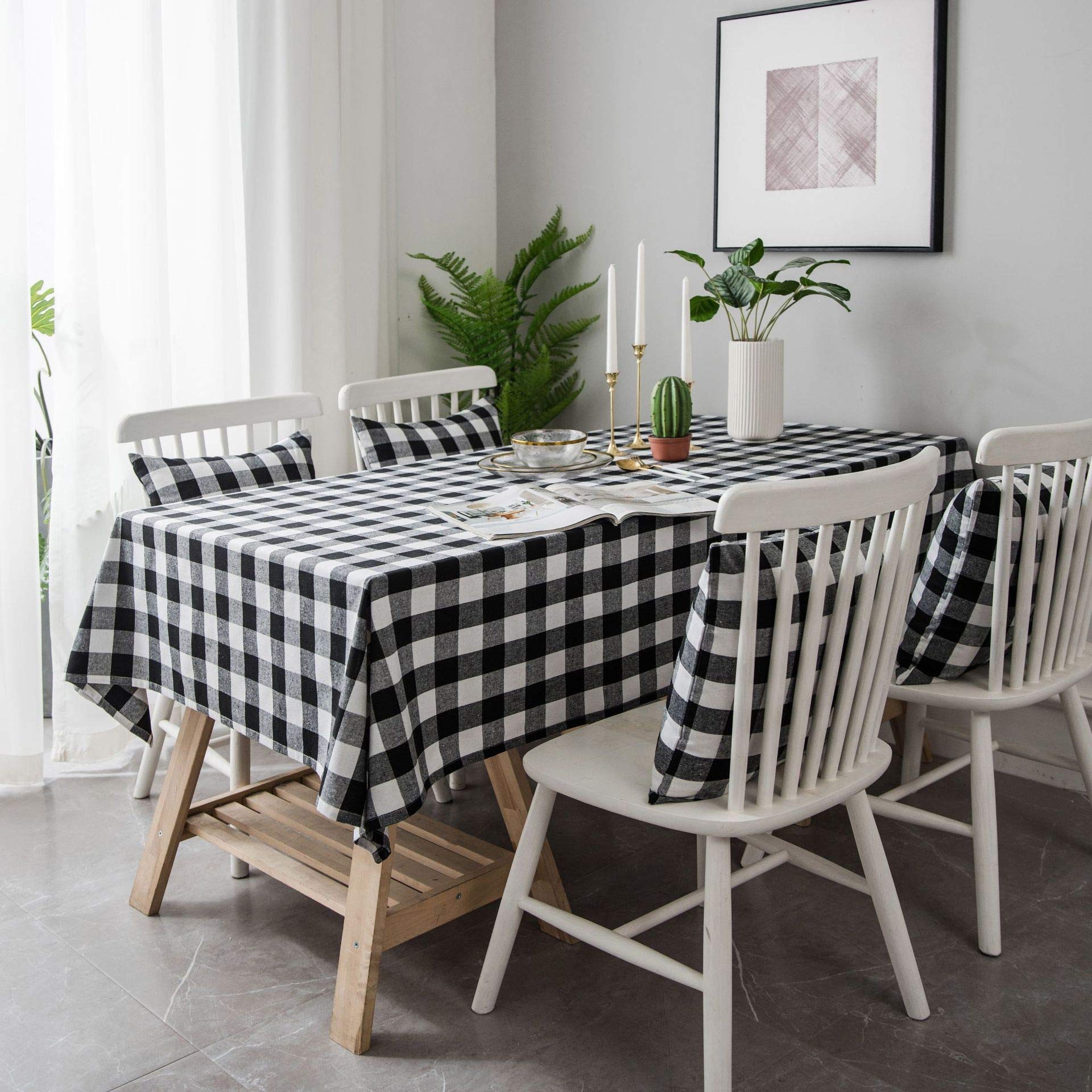 Mantel a cuadros de 55 x 98 pulgadas, tela de lino de algodón a cuadros negro y blanco, perfecto para decoración de mesa de comedor y cocina, elegante mantel para eventos en el hogar