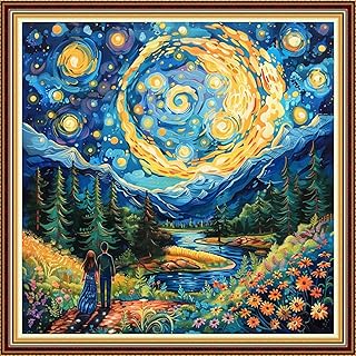 Stamped Counted Cross Stitch Kits for Adults Printed Cross-Stitch Patterns 11CT Stamped or Counted Cross Stitching Embroidery Kit Needlepoint Kits-Van Gogh Couple Under Starry Sky 18x18 inch