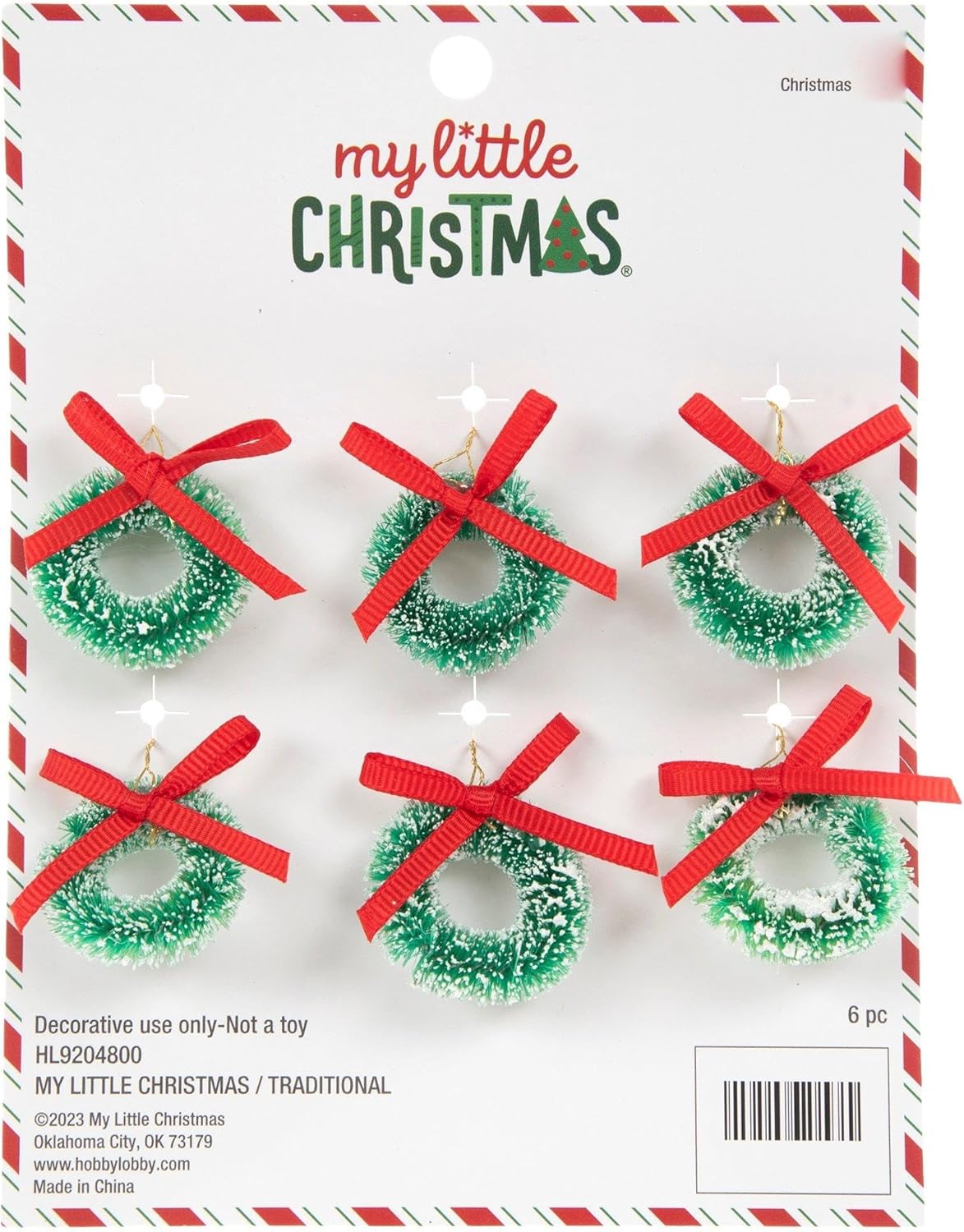 Mini Holiday Wreath Ornaments with Snow and Red Bows - Crafts and Dolls - 1.75 Inch - Set of 6