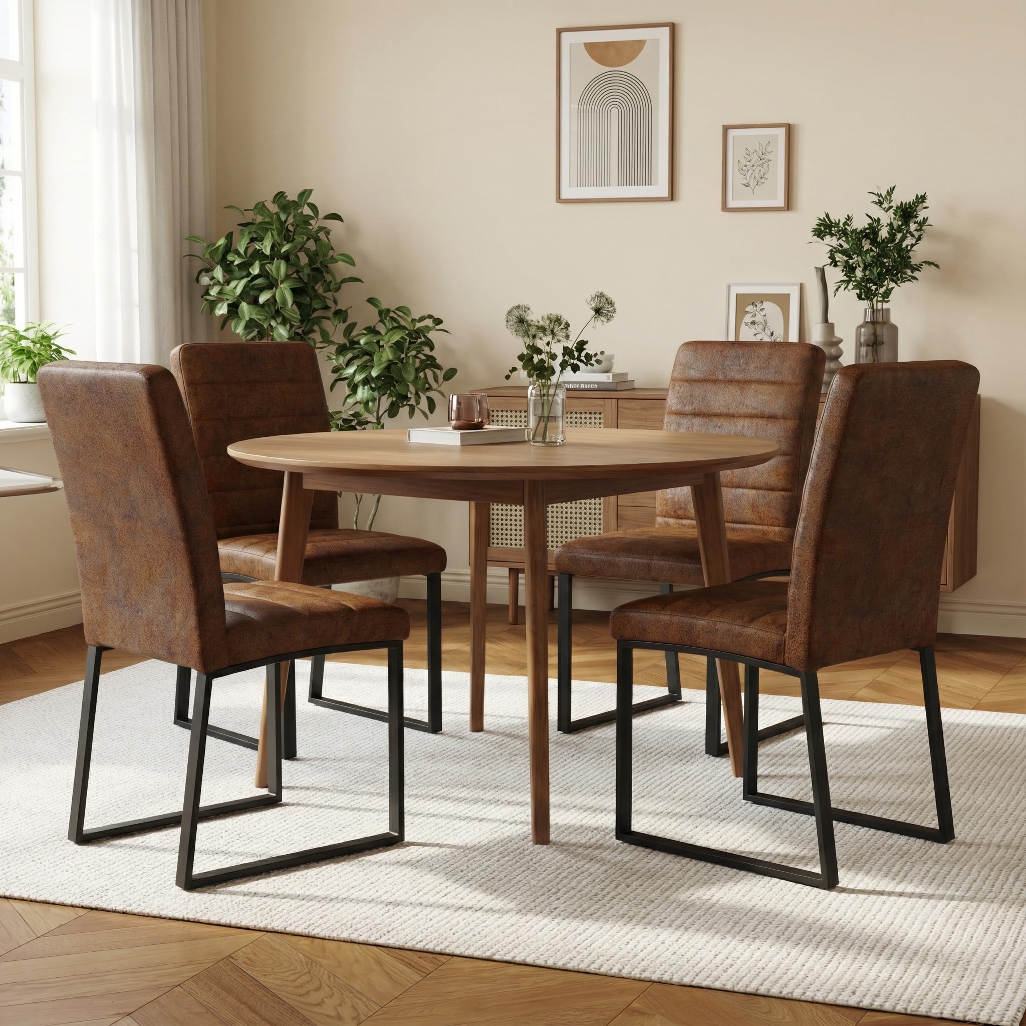 Hommoo Dining Chairs Set of 4, Faux Leather Upholstered Kitchen Chairs, Padded Seat Armless Dining Room Chair with Metal Leg, Modern Dinner Chair for Restaurant Living Room Brown