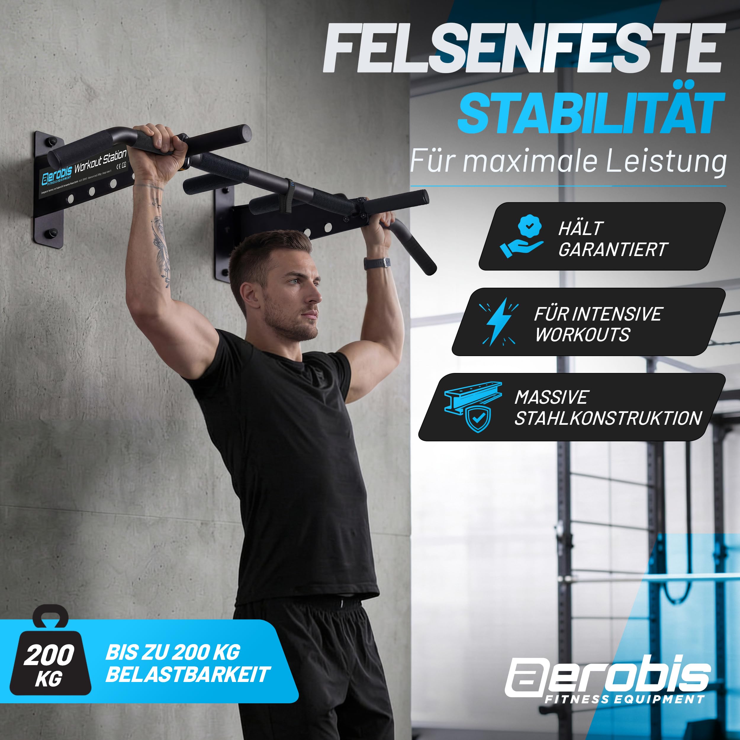 aerobis® Klimmzugstange Wand - Wand- & Deckenmontage bis zu 200kg | Inklusive Montageset & Schlingentrainer - Reckstange indoor, Trainingsstange, Klimmzug