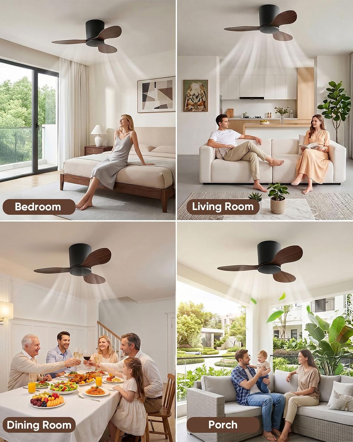 25" Ceiling Fan Without Light with 3 ABS Walnut Blades Ceiling Fans No Light Farmhouse Outdoor Low Profile Fans for Patios with Remote, Quiet Reversible DC Motor Pendant Fan for Exterior Patio Porch