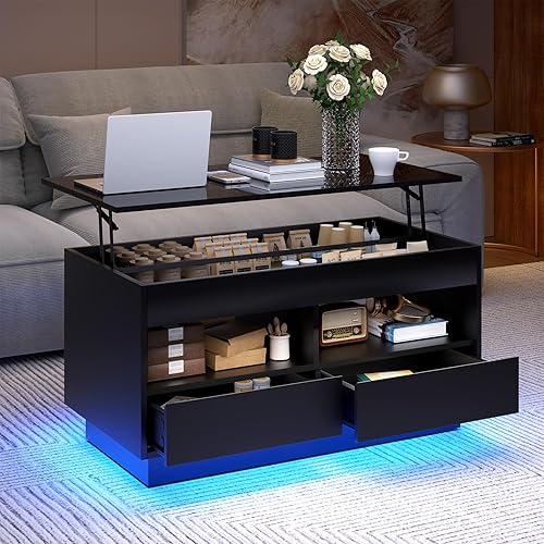 HOMMPA Morden - Mesa de centro elevable con LED de almacenamiento, mesa de centro negra de alto brillo, mesa de té moderna de 4 niveles con mesas disponible en Yaxa Costa Rica
