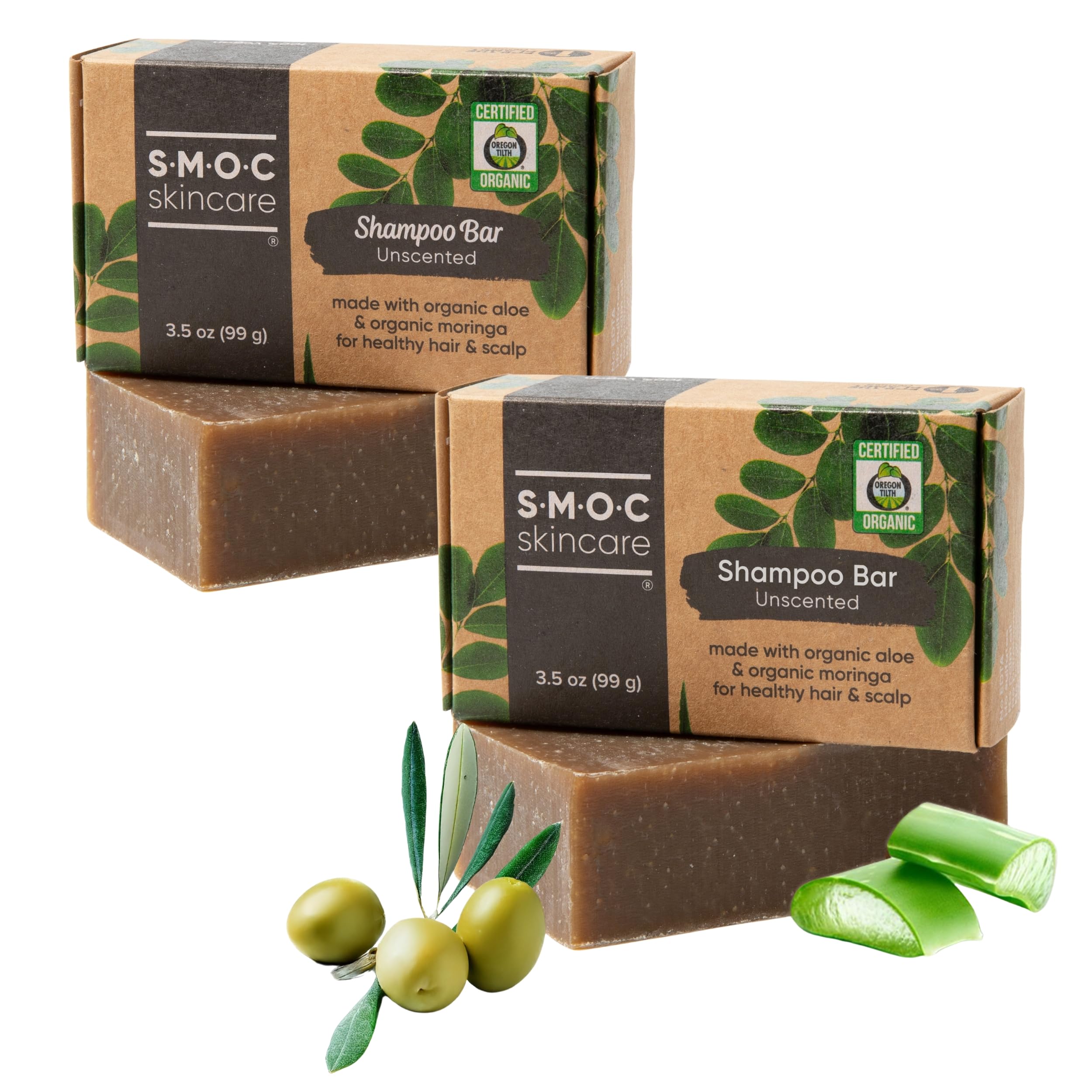 S.M.O.C. Skincare Certified Organic Shampoo Bars 2-Pack — with Rosemary & Moringa for Hair Growth — for Dry to Normal Hair Deeply Moisturizing, Gentle